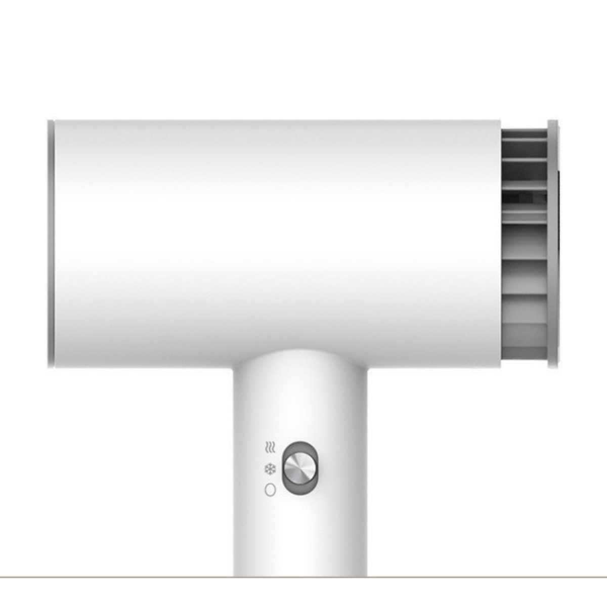 Ein weißer Haartrockner im T-Design. Er hat ein Bedienfeld mit Symbolen und einem Drehregler. Die Rückseite hat eine Lüftung.