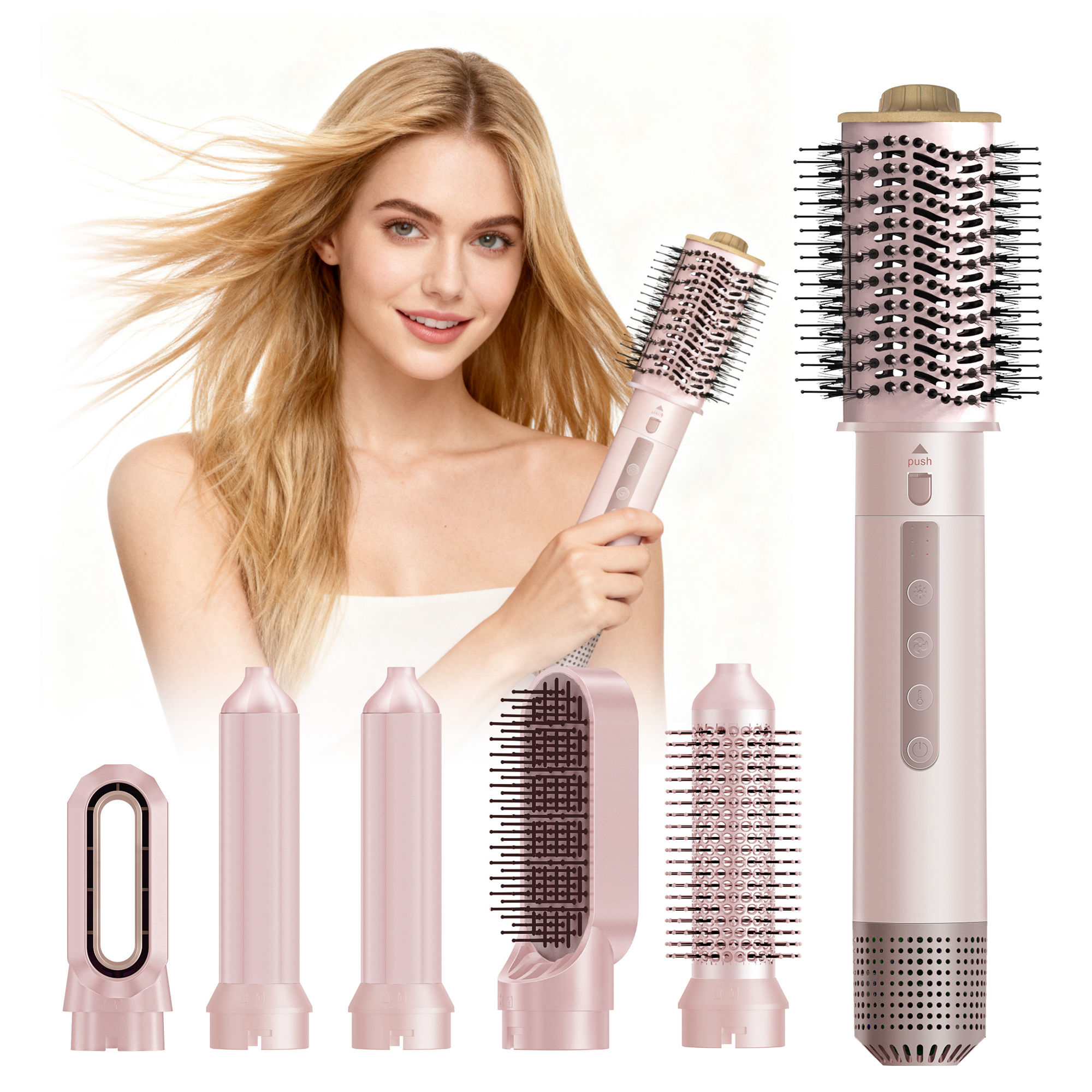 Frau mit blonden Haaren, die ein rosa Haarstyling-Werkzeug hält, mit verschiedenen Aufsätzen. Weißer Hintergrund.