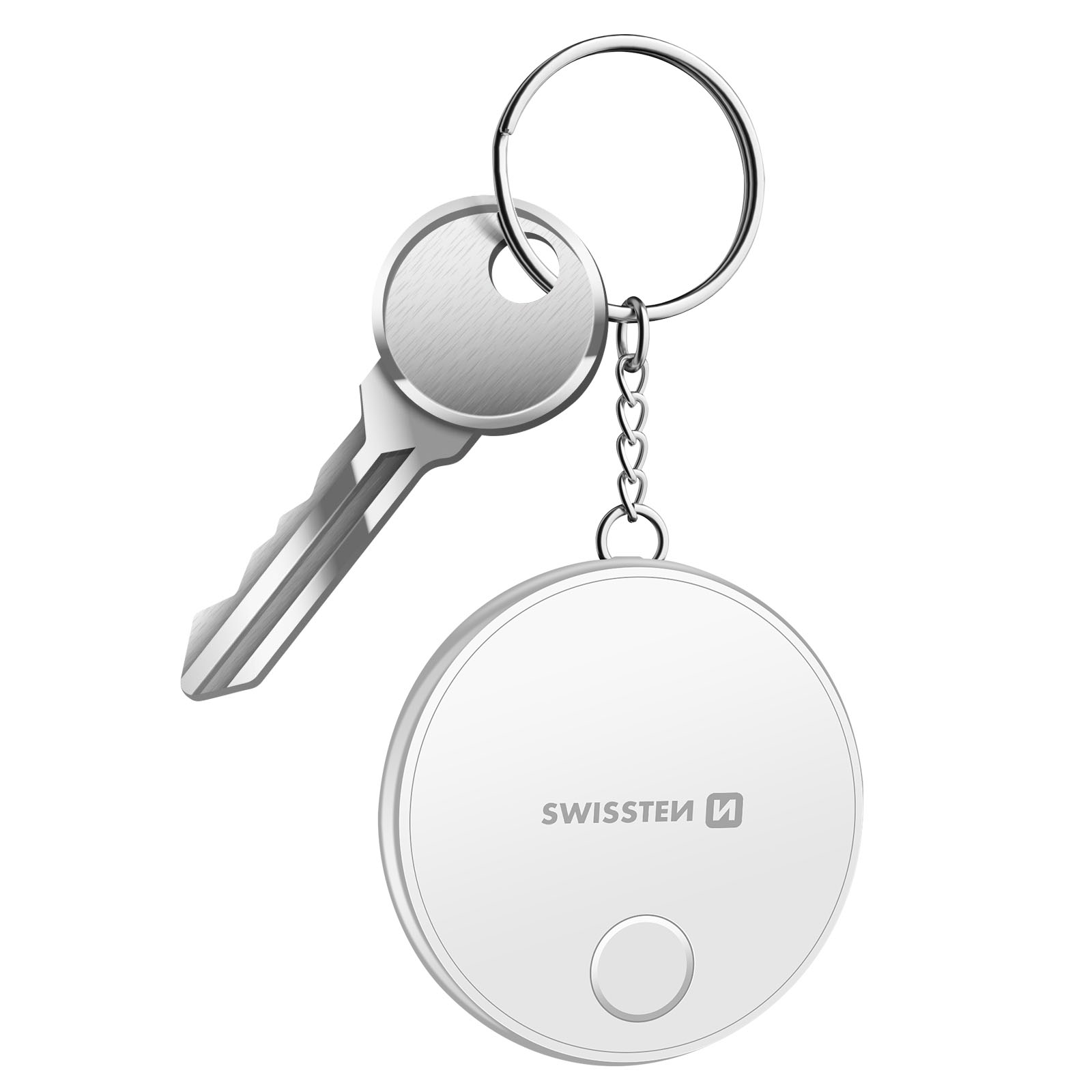 Una chiave e un portachiavi rotondo bianco con 'SWISSTEИ', collegati da una catena. Lo sfondo è bianco.