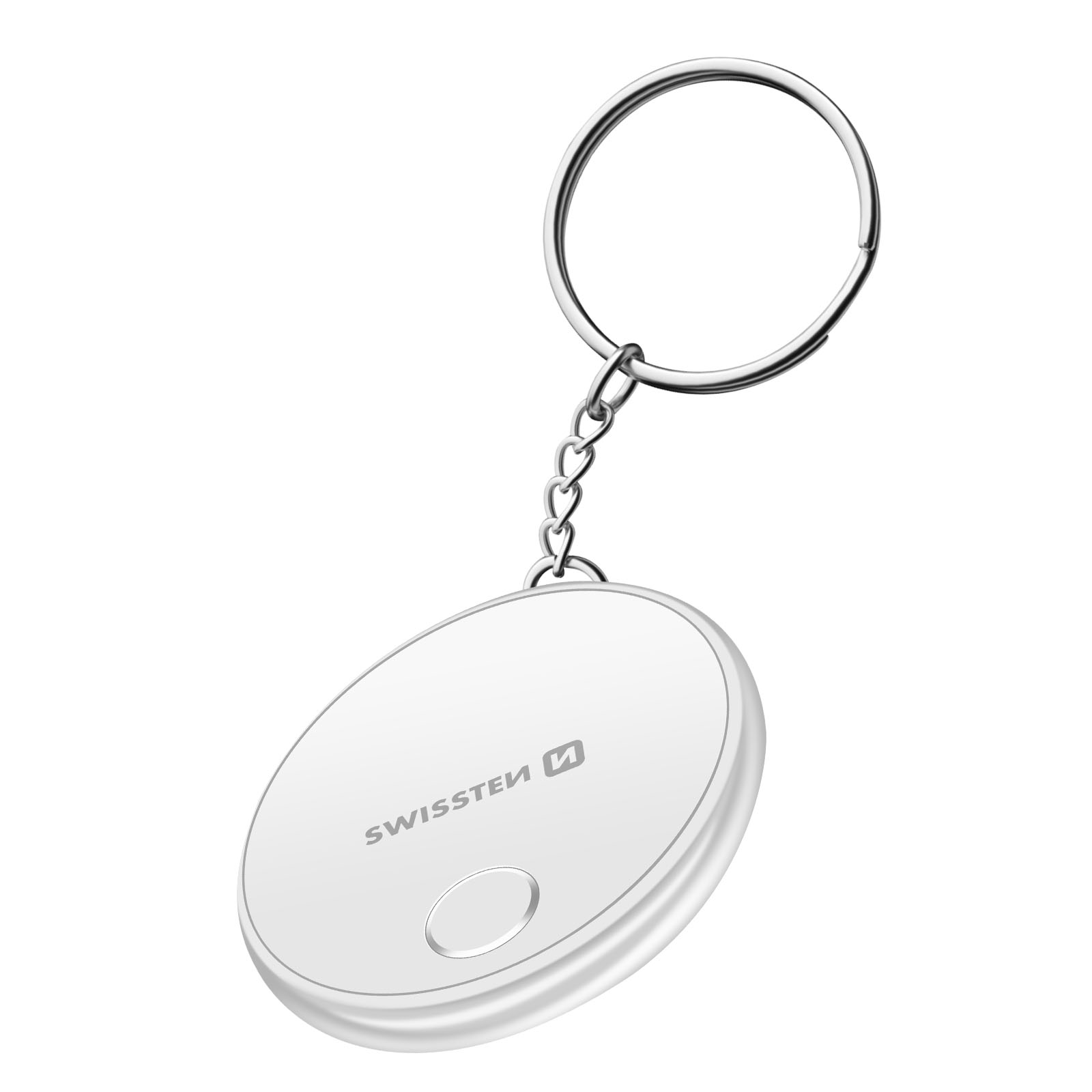 Un portachiavi SwissTech bianco con un portachiavi argentato. Il portachiavi ha un pulsante e il logo SwissTech.