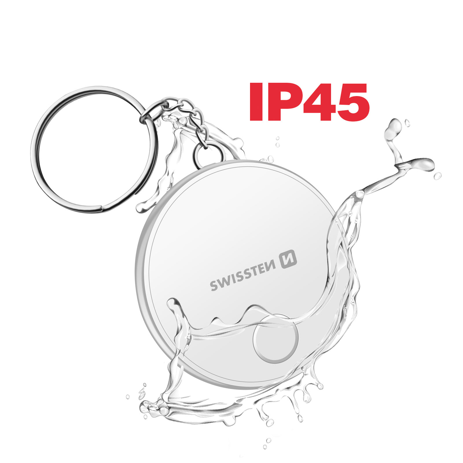 Un dispositivo Swisssten bianco e rotondo con portachiavi, spruzzi d'acqua e testo IP45 rosso su sfondo bianco.
