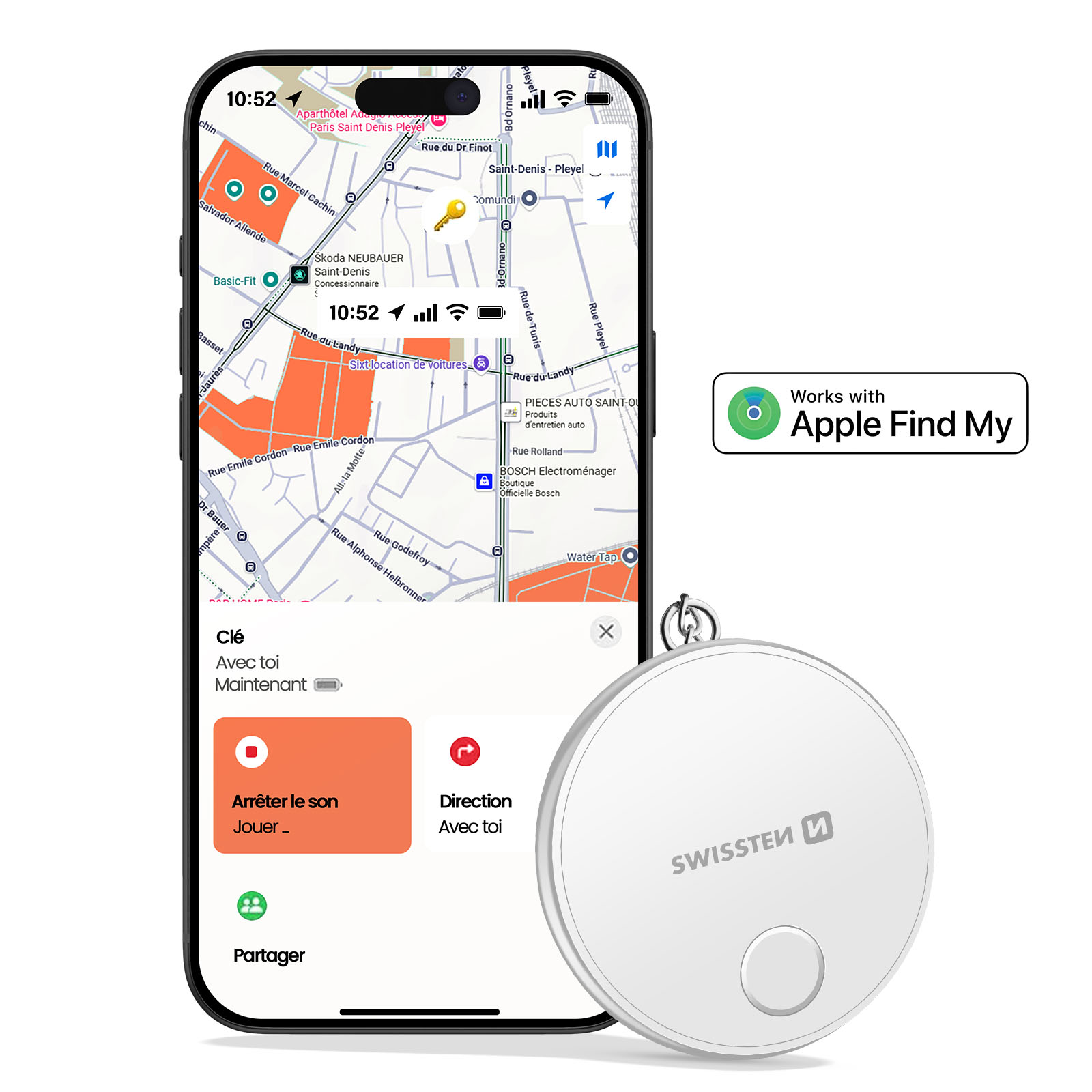Un telefono mostra una mappa con l'icona di una chiave. Un tracker SwissTen bianco è in primo piano, vicino al telefono.