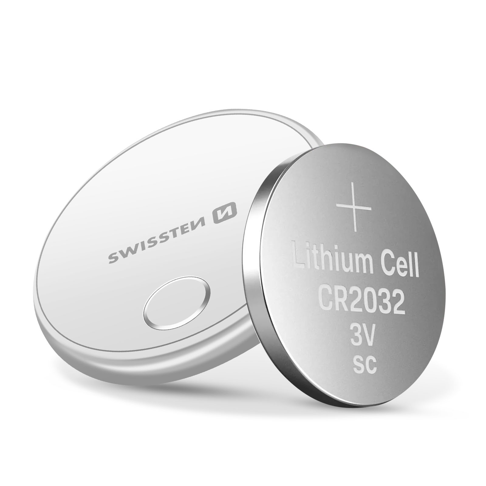 Due batterie a bottone al litio. Una argentata, con l'etichetta 'Lithium Cell CR2032 3V'. L'altra bianca, con logo 'SWISSTEK'.