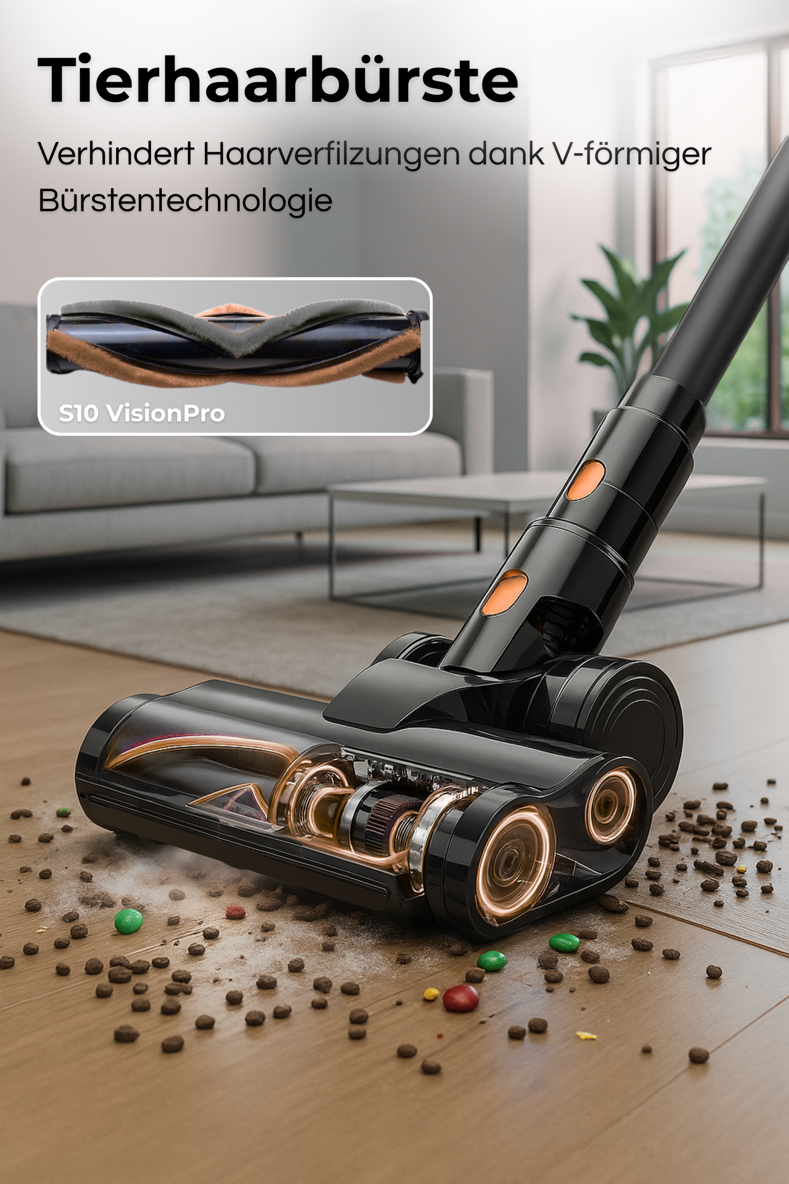 A black vacuum cleaner head with a transparent section, scattered debris on wooden floor. A sofa is in the background.