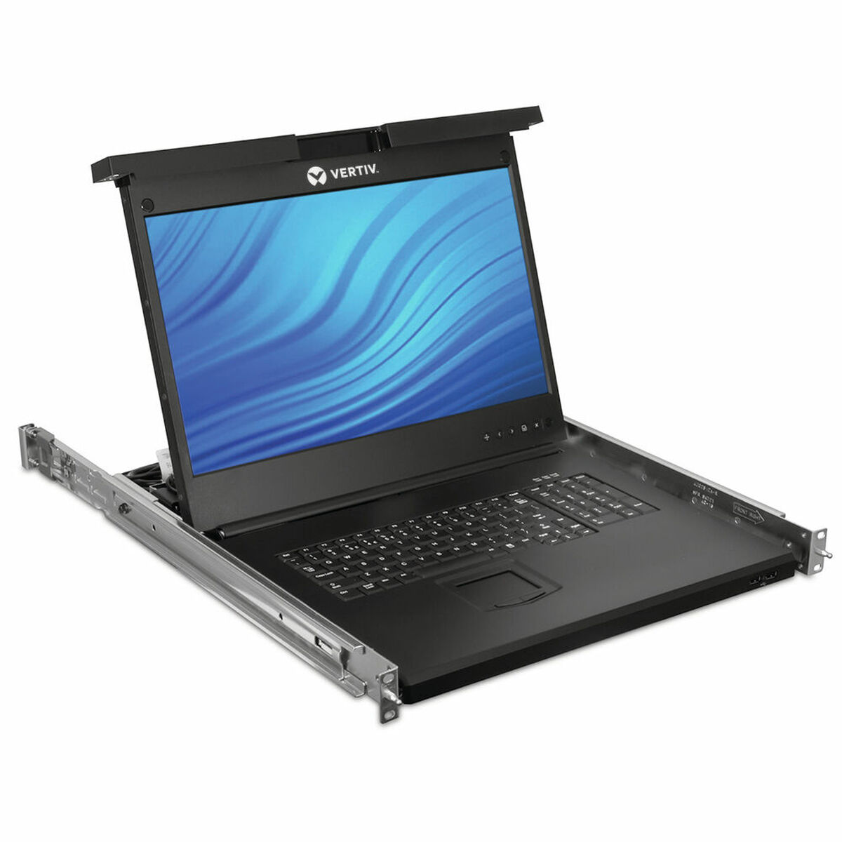 Eine schwarze Vertiv KVM-Konsole mit einem Bildschirm, der blaue Wellen zeigt. Es enthält eine Tastatur, ein Touchpad und befindet sich auf einer Schiene.