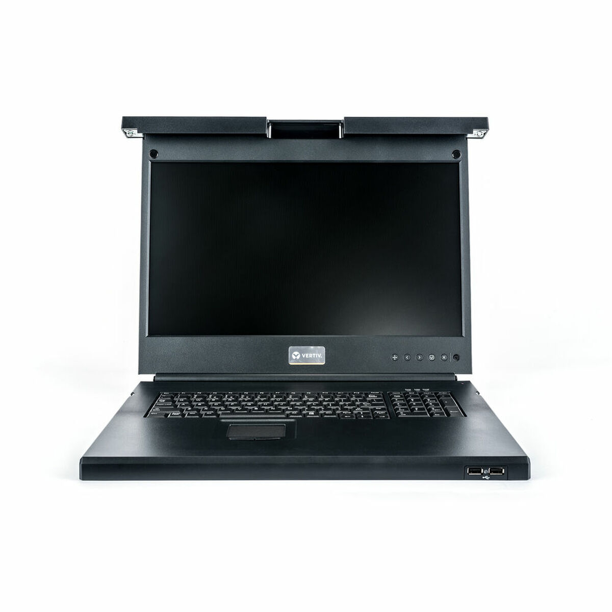 Ein schwarzer, geschlossener Laptop mit Bildschirm und Tastatur steht auf einer weißen Oberfläche. Die Marke Vertiv ist sichtbar.