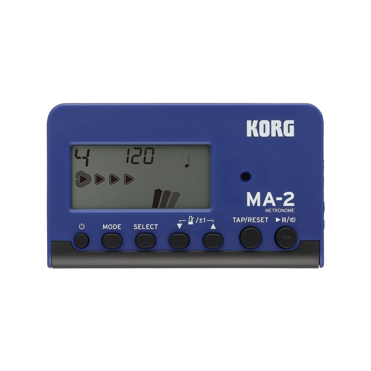 Blaues Korg MA-2 Metronom, das 4/4 Takt und 120 bpm anzeigt. Tasten für Modus, Auswahl und Tippen/Zurücksetzen. Korg-Logo.