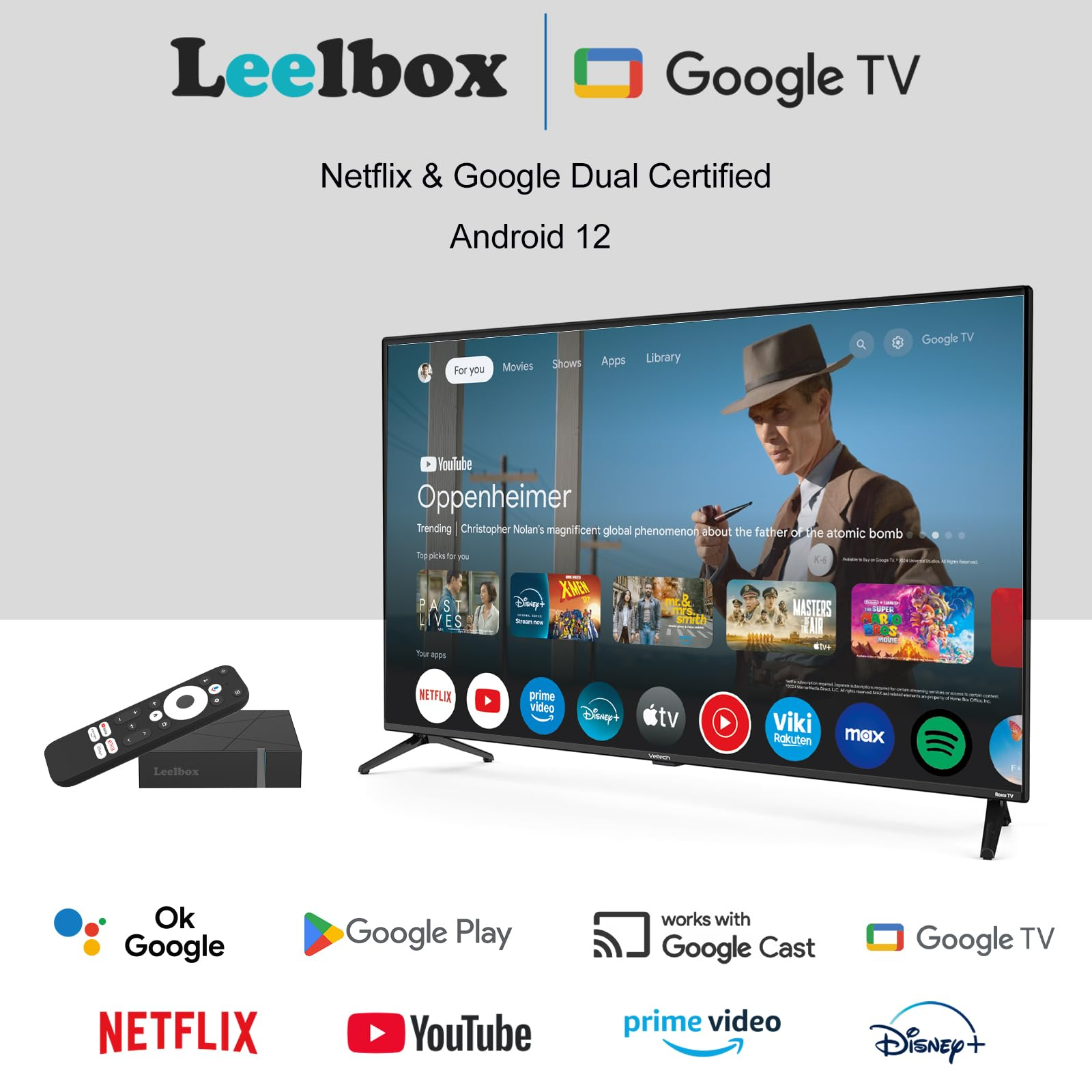 Un televisor muestra la interfaz de Google TV. Un control remoto y un decodificador se encuentran debajo. También hay logotipos de servicios de transmisión.
