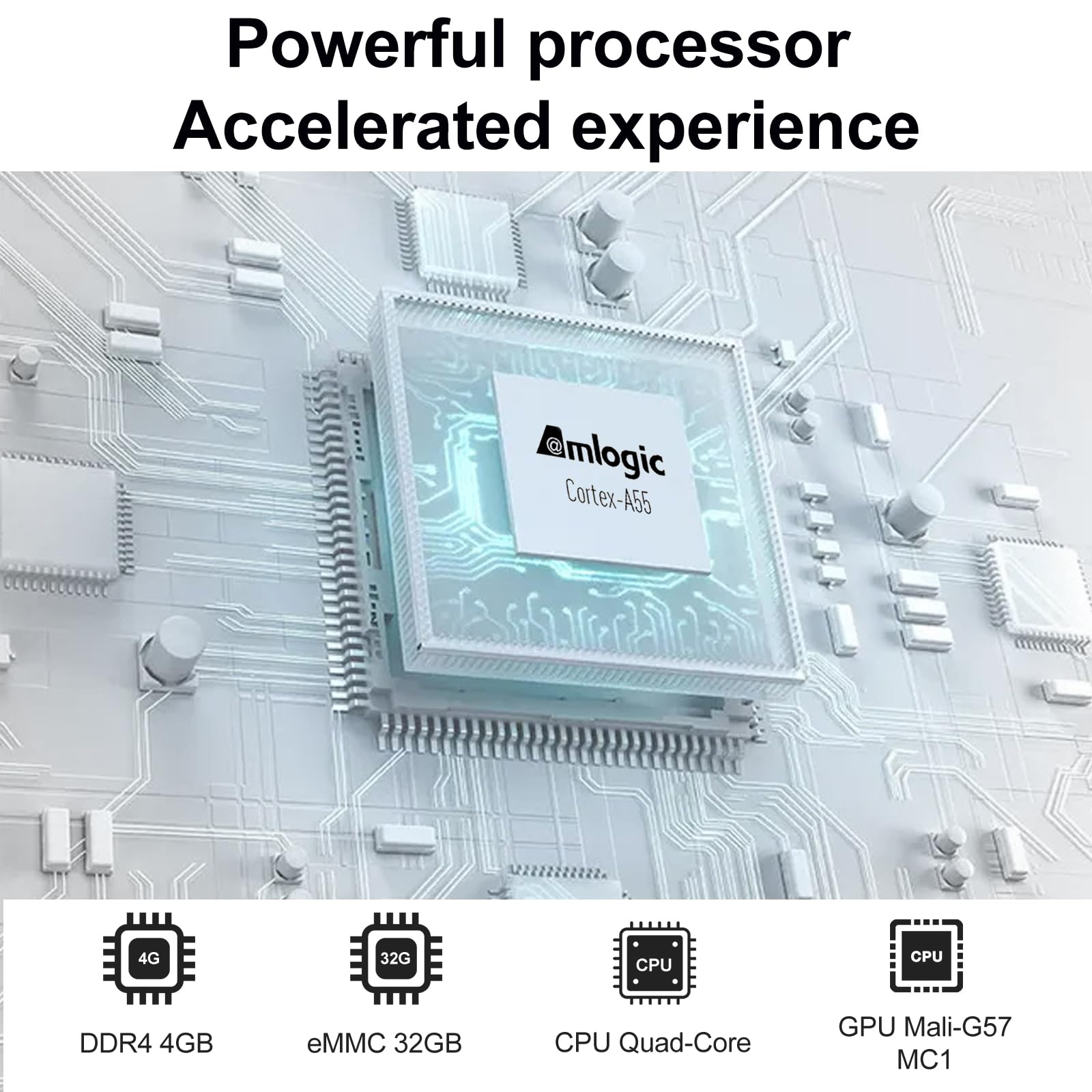 La imagen muestra un procesador con texto: Procesador potente, Experiencia acelerada. Características DDR4 4GB, eMMC 32GB, CPU Quad-Core y GPU Mali-G57.