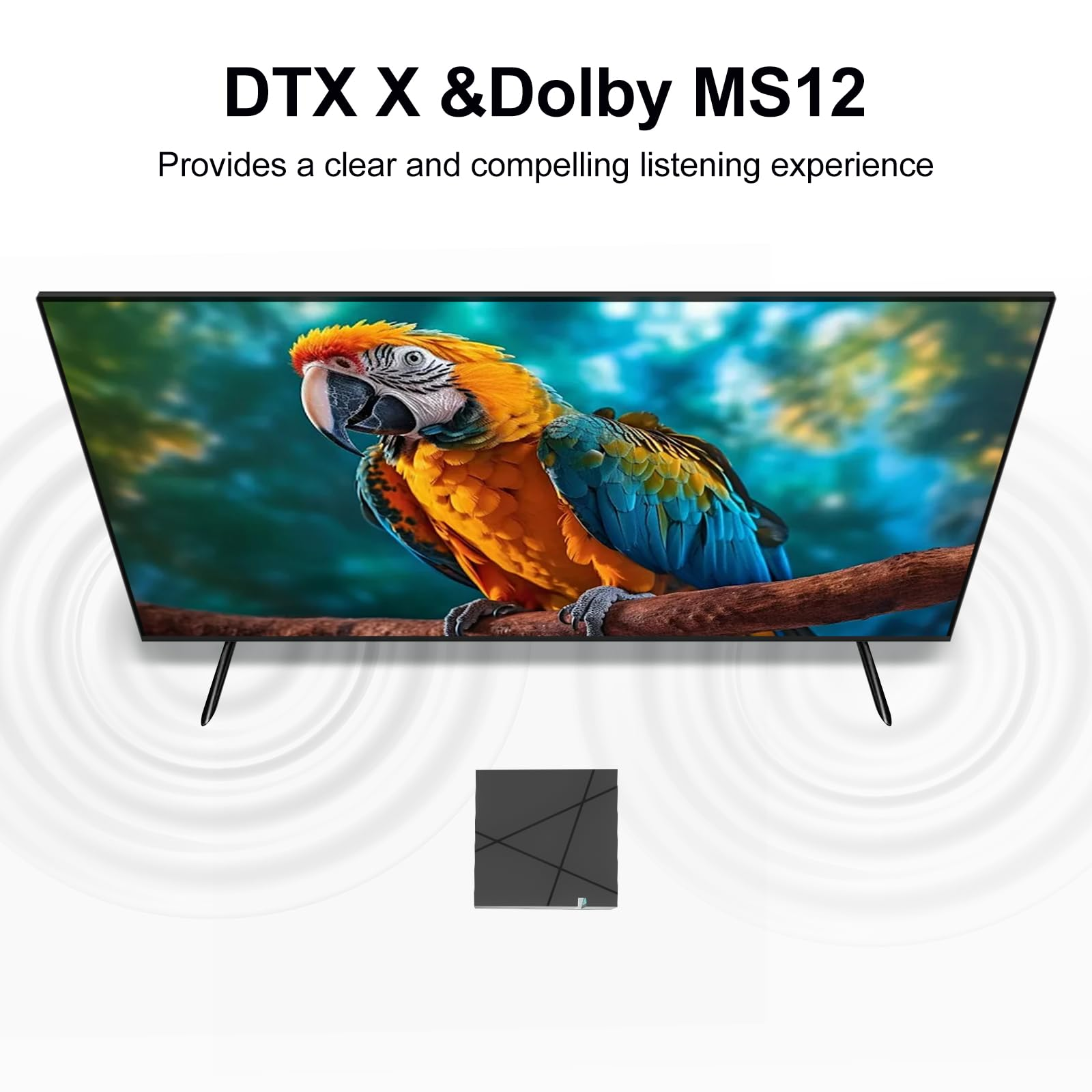 Pantalla de TV con imagen de loro. Texto DTX X & Dolby MS12. Pequeña caja negra abajo.