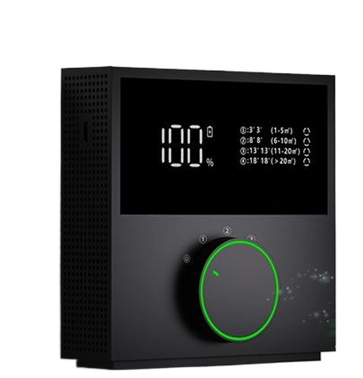 Schwarzes Gerät mit 100% Anzeige. Darunter ein grünes Rad. Das Display zeigt auch andere Einstellungen und ein Prozentzeichen.