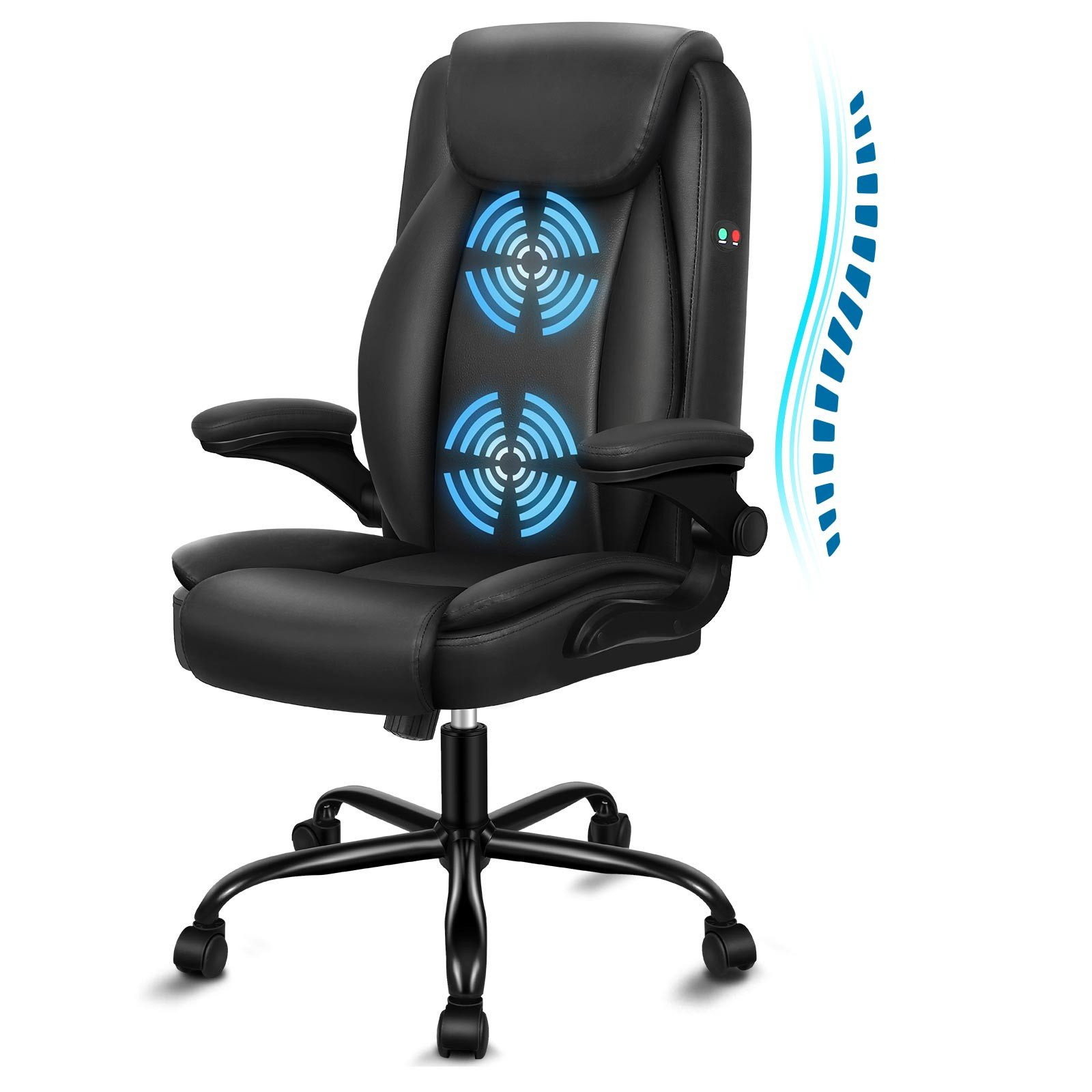 Schwarzer Bürostuhl mit Massagefunktion. Blaue Massage-Symbole auf dem Rücken. Blaue Linie zeigt ergonomische Unterstützung.