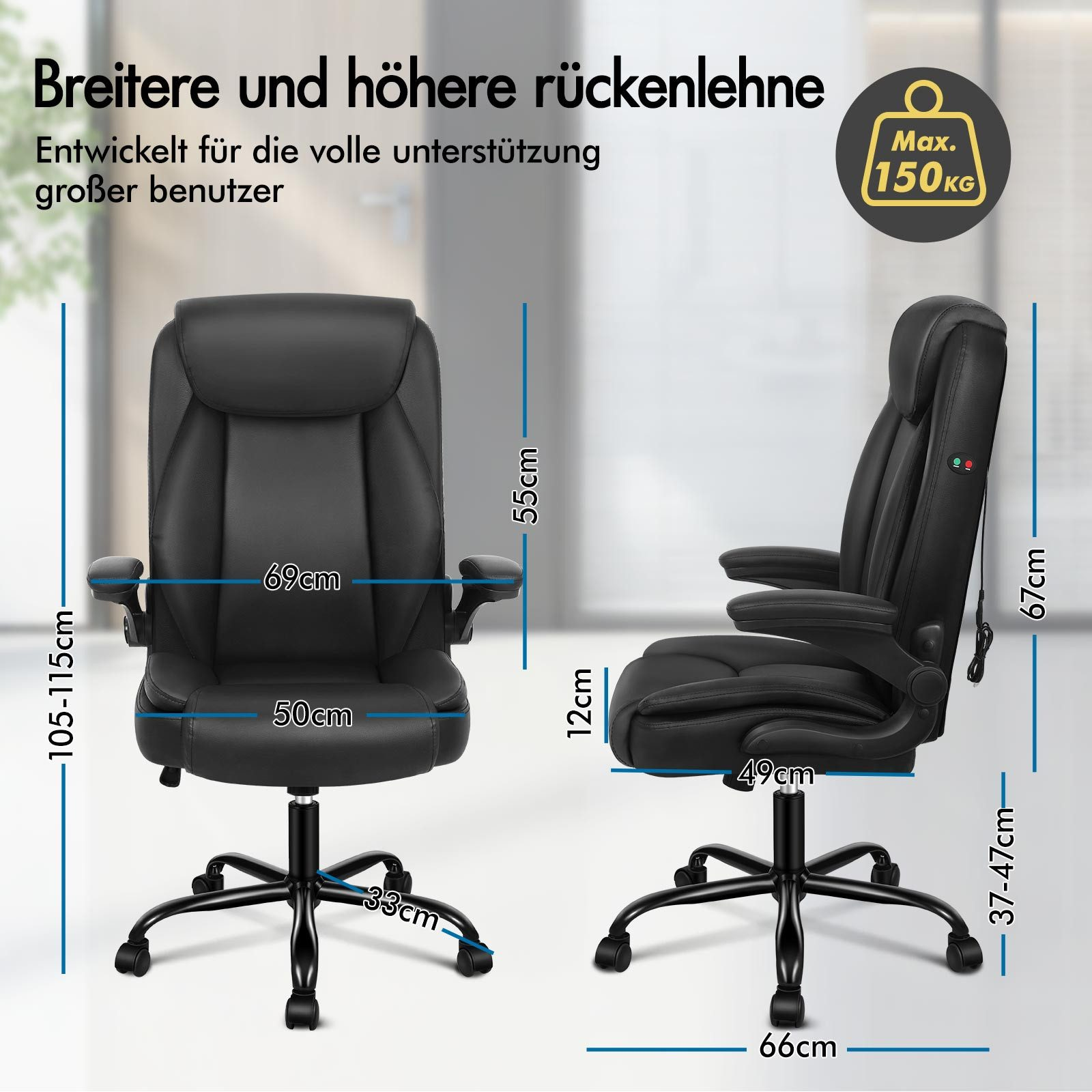 Ein schwarzer Bürostuhl mit Maßangaben. Der Text auf Deutsch besagt, dass er für größere Benutzer geeignet ist, max. 150 kg.