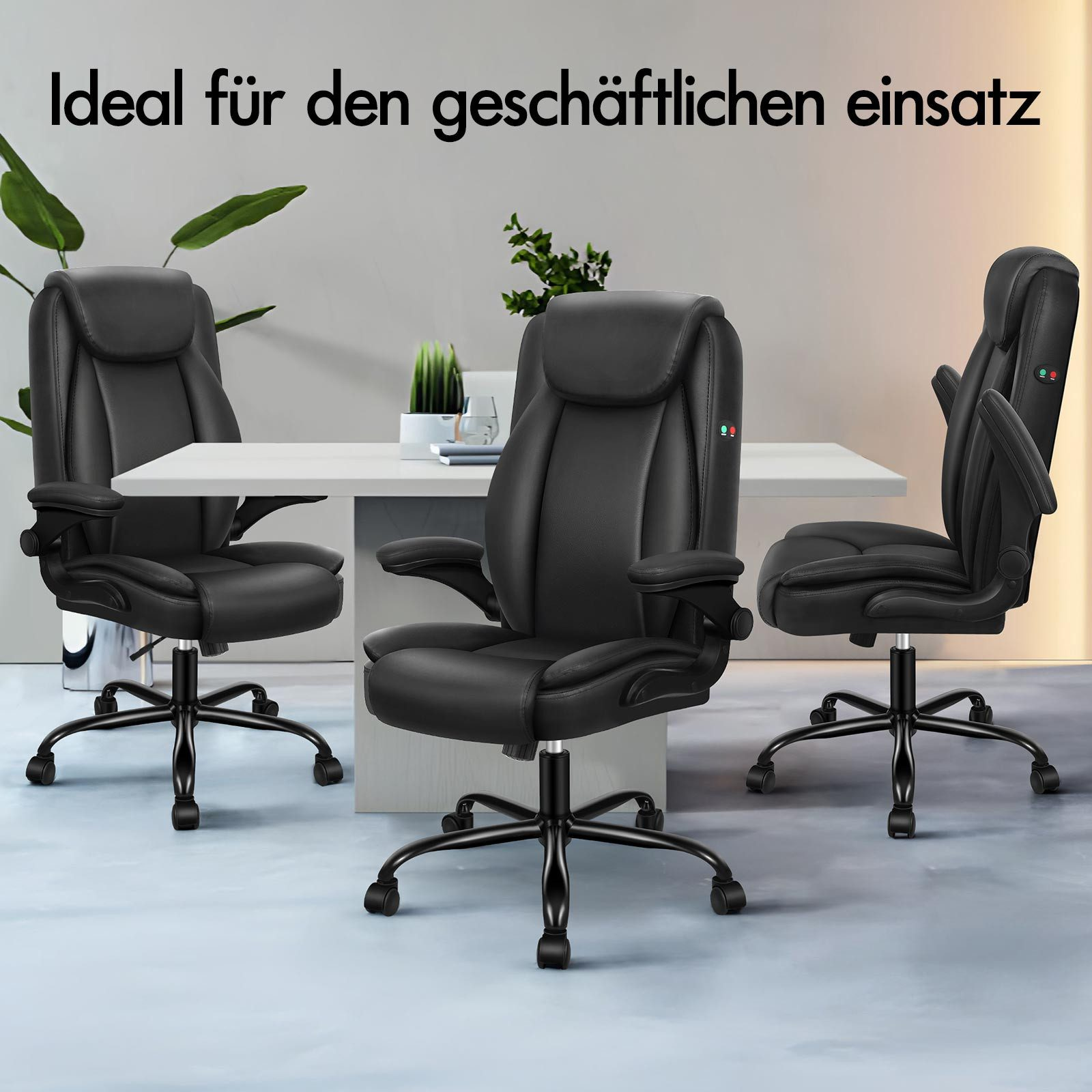 Drei schwarze Bürostühle um einen weißen Tisch. Pflanzen und eine Wand sind im Hintergrund. Der Text lautet Ideal für den geschäftlichen Einsatz.