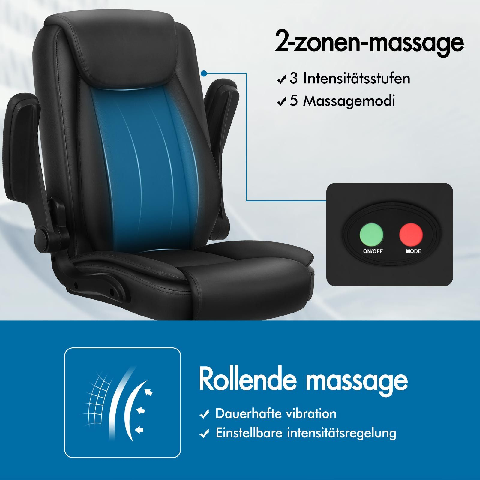 Schwarzer Massagestuhl mit blauen Akzenten. Merkmale sind 2-Zonen-Massage, Intensitätsstufen und Massagemodi. Bedienfeld sichtbar.