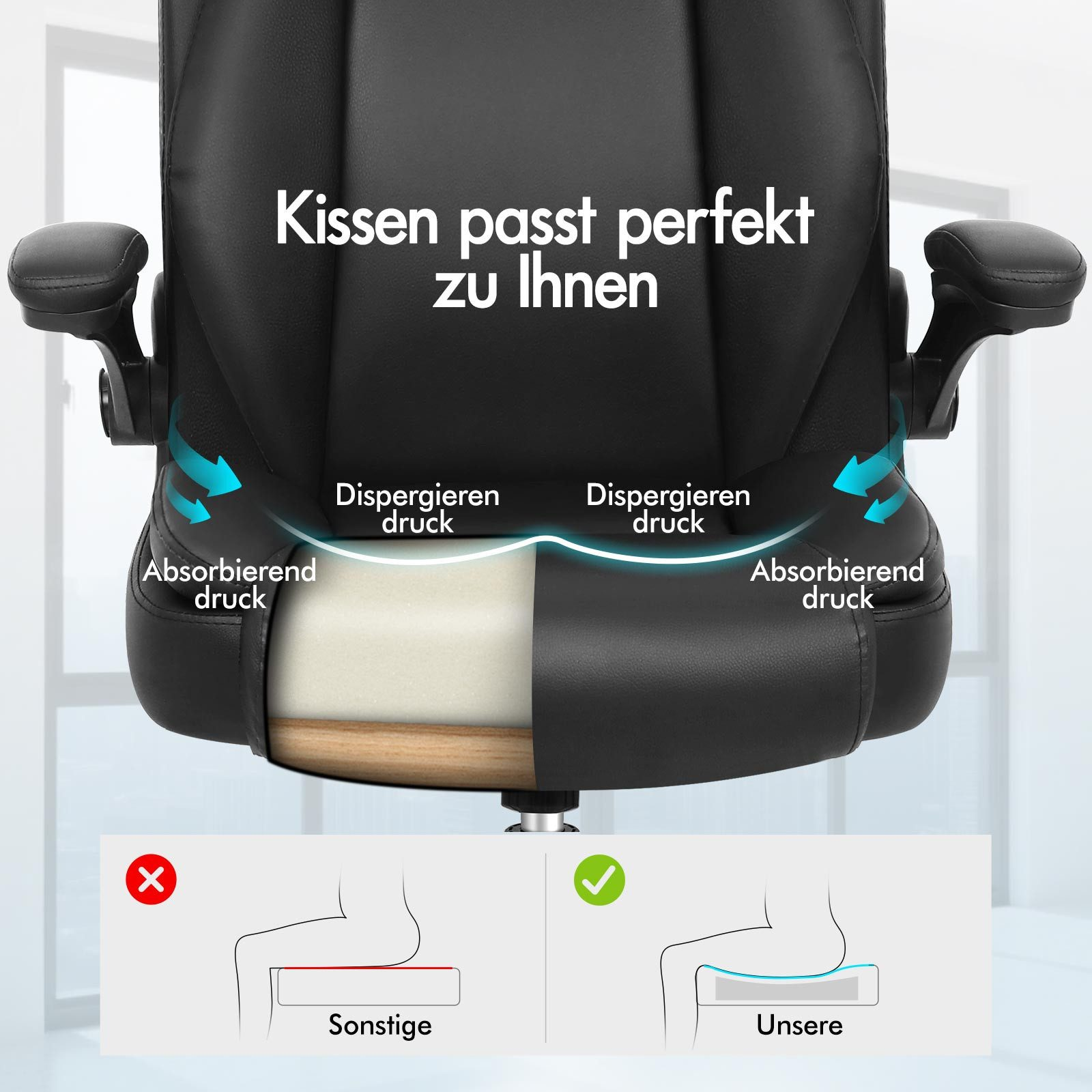 Schwarzer Bürostuhl mit Text über die perfekte Passform. Enthält Diagramme zum Vergleich von Kissentypen. Pfeile zeigen die Druckverteilung an.