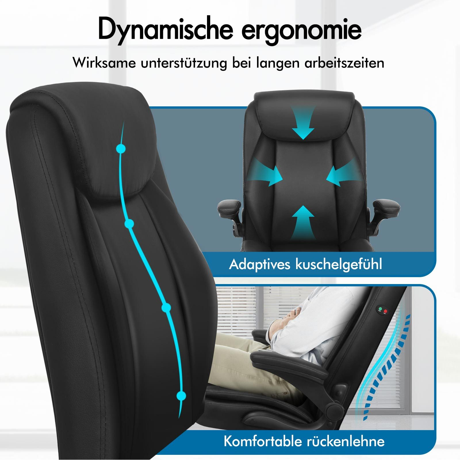 Schwarzer ergonomischer Bürostuhl. Pfeile zeigen den Luftstrom. Eine Person sitzt im Stuhl. Text auf dem Bild.