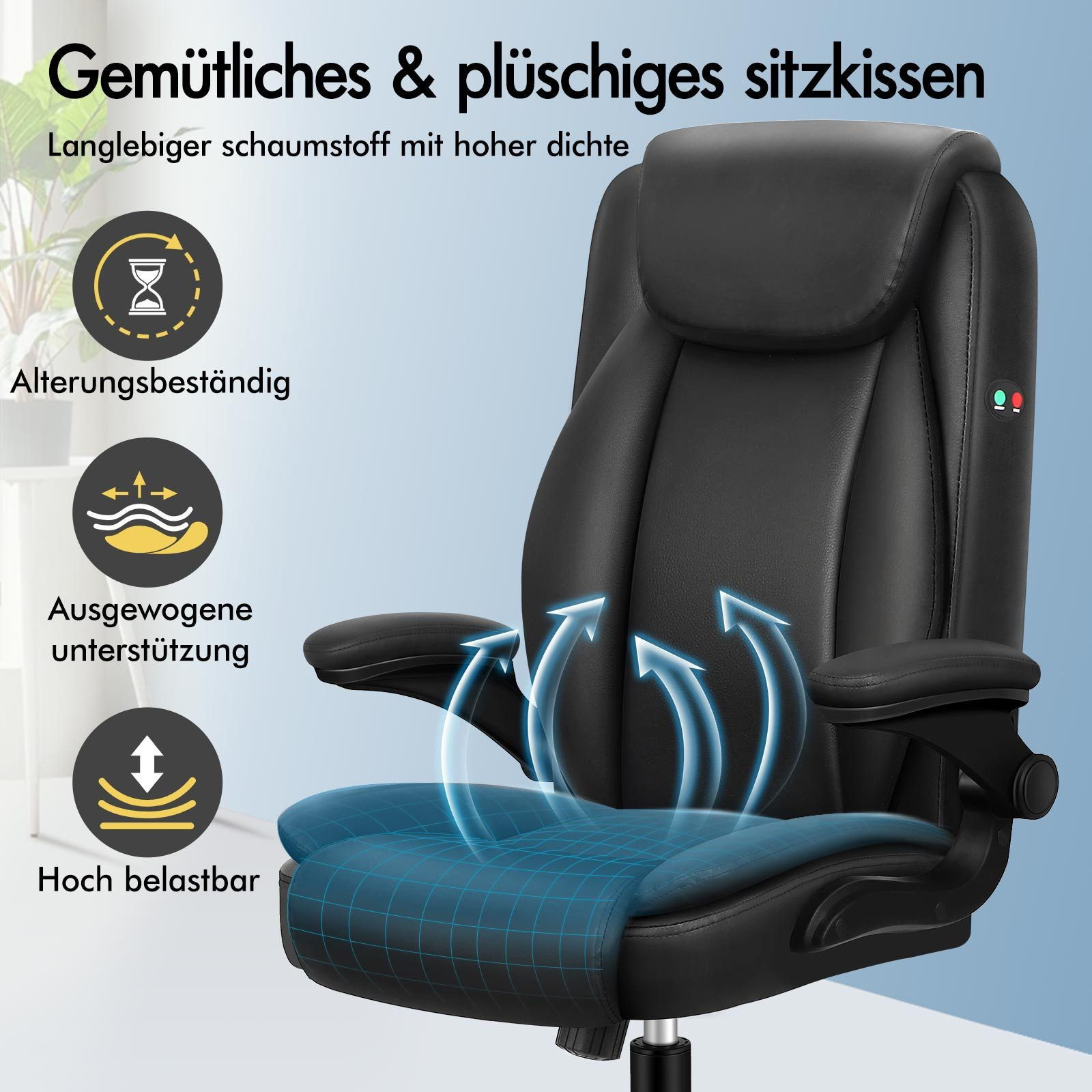 Schwarzer Bürostuhl mit blauem Netz-Sitz und -Rücken. Pfeile zeigen den Luftstrom an. Text beschreibt die Eigenschaften.