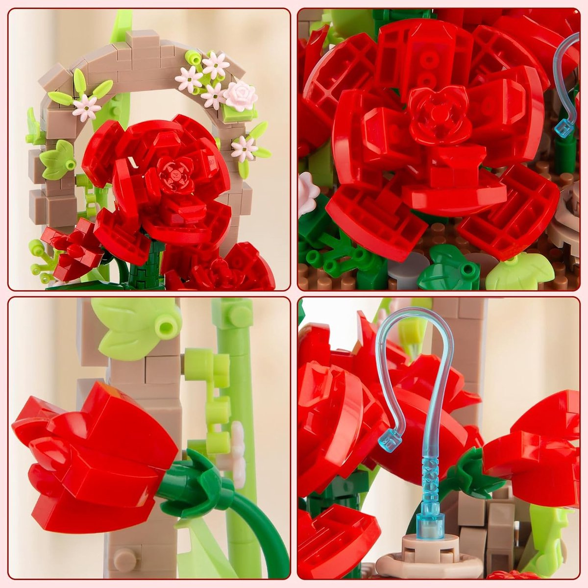 Nahaufnahme einer roten Rose aus Plastikbausteinen mit grünen Blättern und einem grauen Bogen im Hintergrund. Andere Blumen.