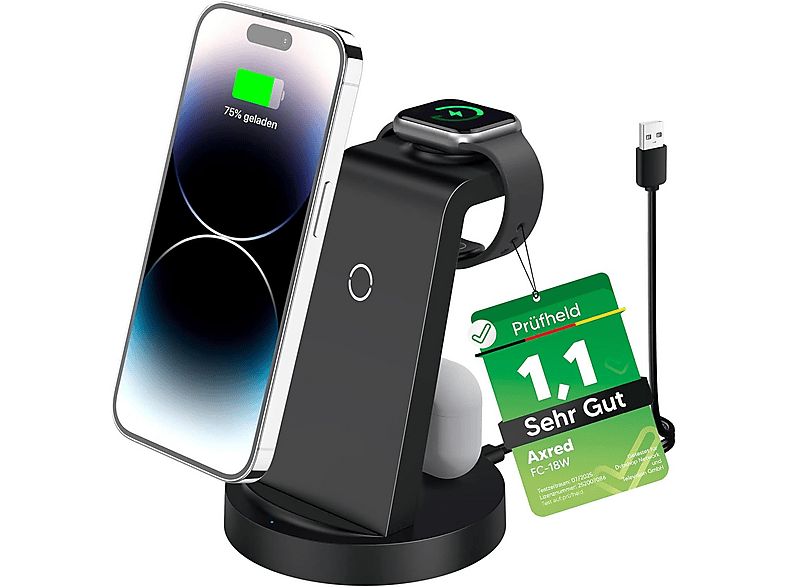 AXRED PREMIUM TECHNOLOGIES FC-18W 3-in-1 Wireless Charger Ladestation Apple, Samsung, Google, Huawei, Xiaomi, LG, uvm, Black