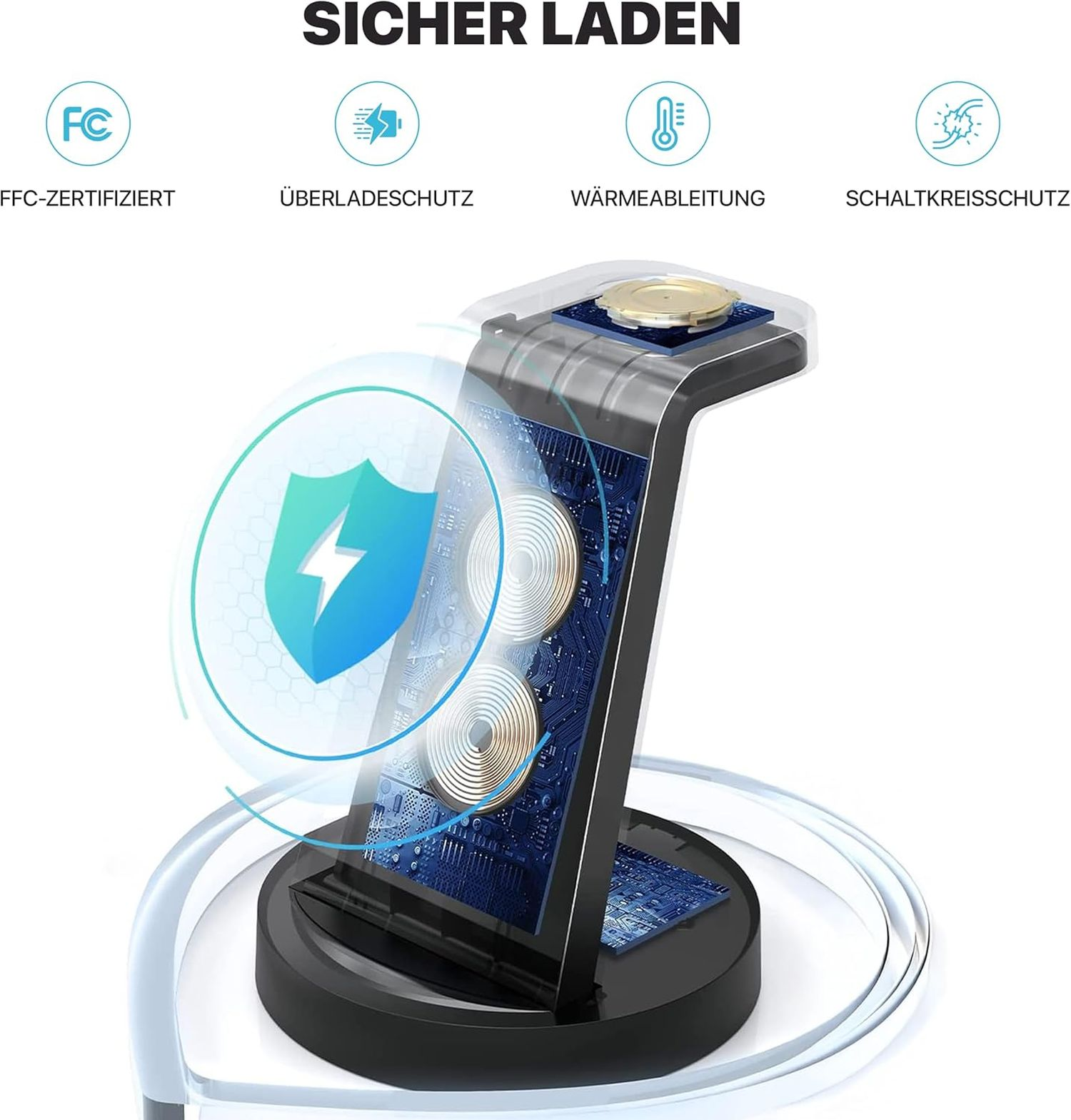 Kabelloses Ladegerät. Es zeigt einen Schild mit Blitz und Sicherheitsfunktionen. Modernes Design mit schwarzer Basis.