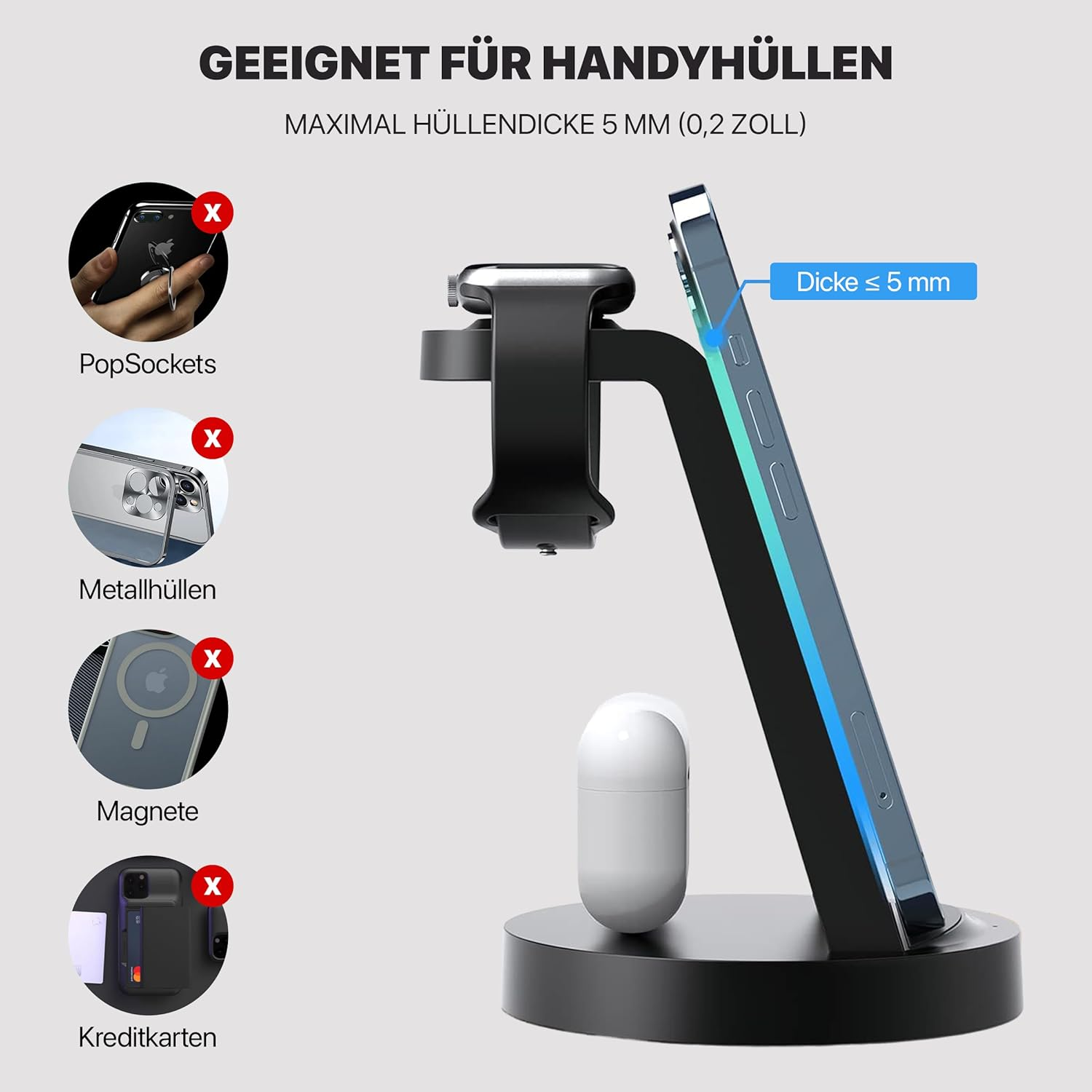 Das Bild zeigt eine Telefonladestation und Zubehör wie PopSockets, Metallhüllen, Magnete und Kreditkartenetuis.