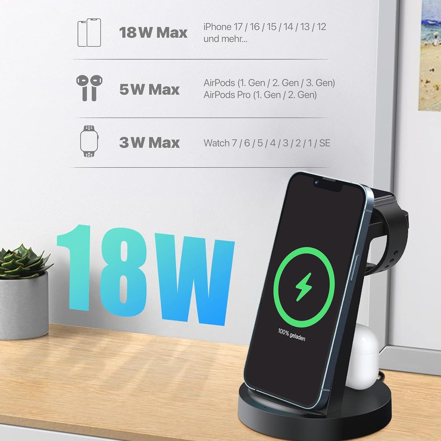 Eine Ladestation mit Telefon, Uhr und Ohrhörern. Das Telefon zeigt 100% geladen an. Der Hintergrund enthält Text über Strom.