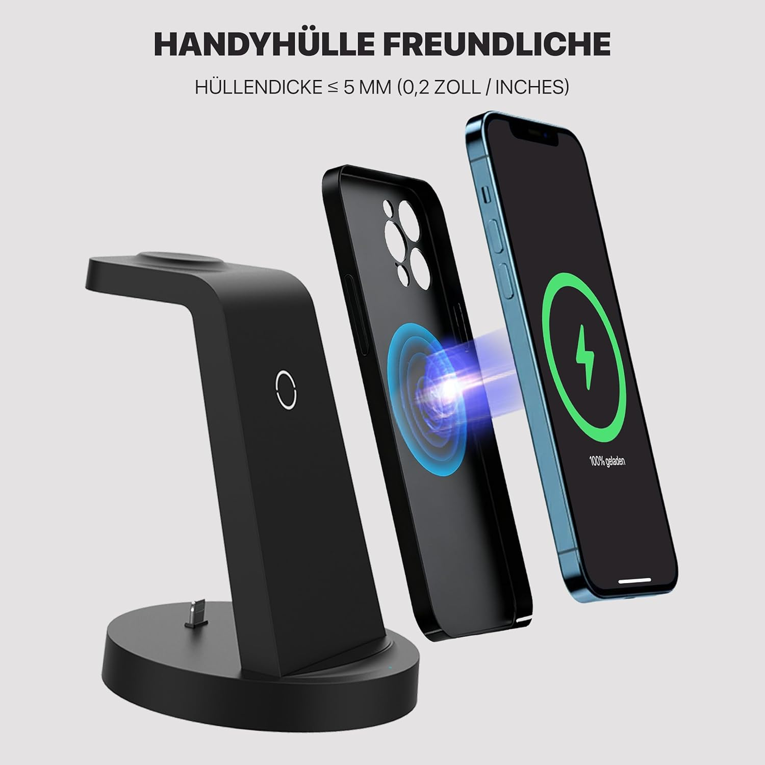 Ein Telefon-Ladeständer mit Telefon und Hülle. Das Telefon lädt mit 100 % Anzeige. Die Hülle ist schwarz, das Telefon ist blau.