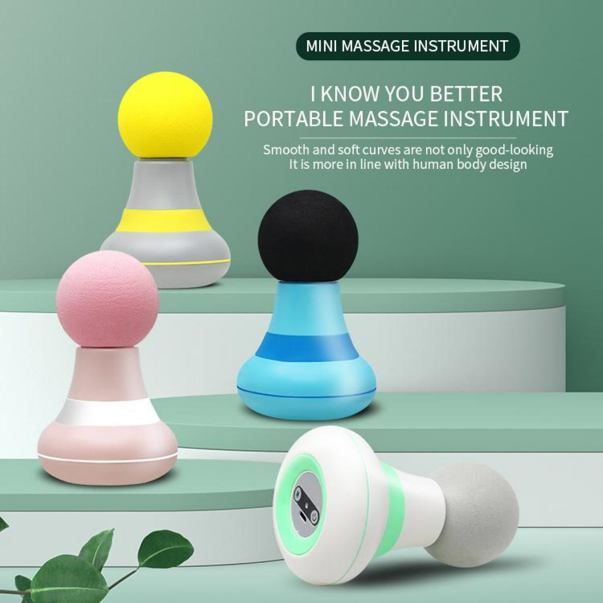 Das Bild zeigt Massagegeräte in verschiedenen Farben: Gelb, Rosa, Schwarz und Weiß. Der Hintergrund ist grün und grau. Text ist ebenfalls vorhanden.