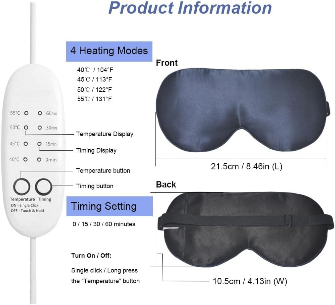 Produktinfo. Vorne: dunkelblaue Augenmaske, 21,5 cm lang. Hinten: schwarze Maske, 10,5 cm breit. Steuerung: Tasten, Temp/Zeit-Einstellungen.