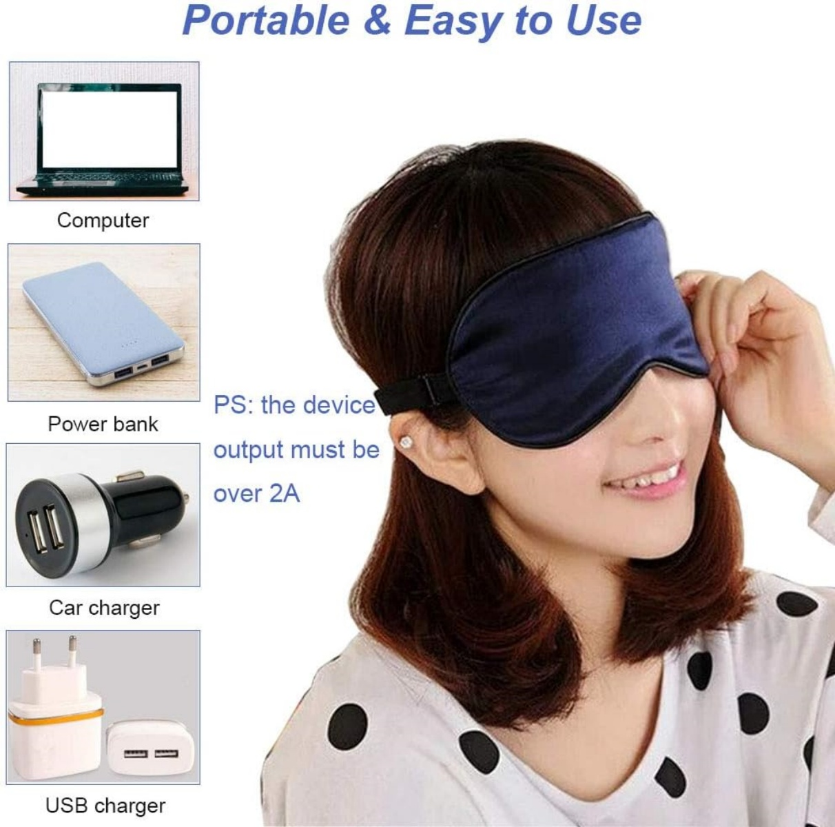 Eine Frau mit einer marineblauen Schlafmaske lächelt. Zubehör wie Laptop, Powerbank, Autoladegerät und USB-Ladegerät werden angezeigt.
