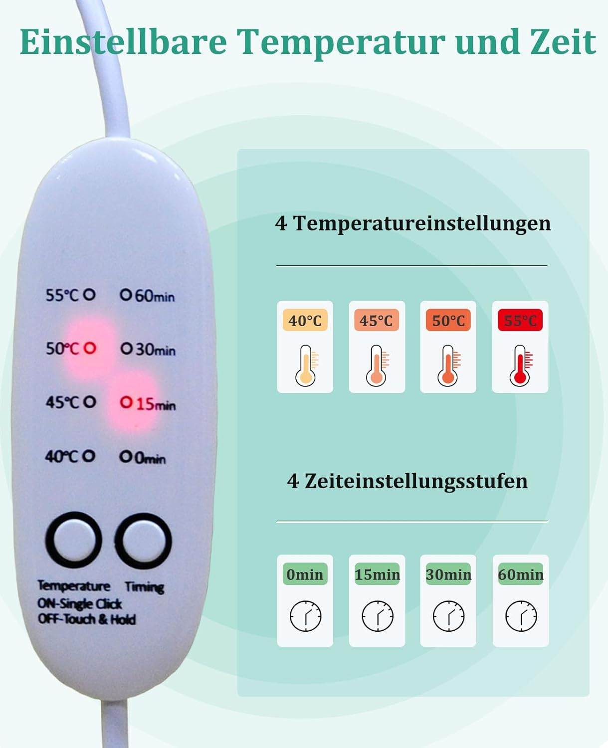Bedienfeld mit Temperatur- und Timereinstellungen. Anzeigen umfassen Temperaturoptionen (40-55 °C) und Timereinstellungen (0-60 Min.).