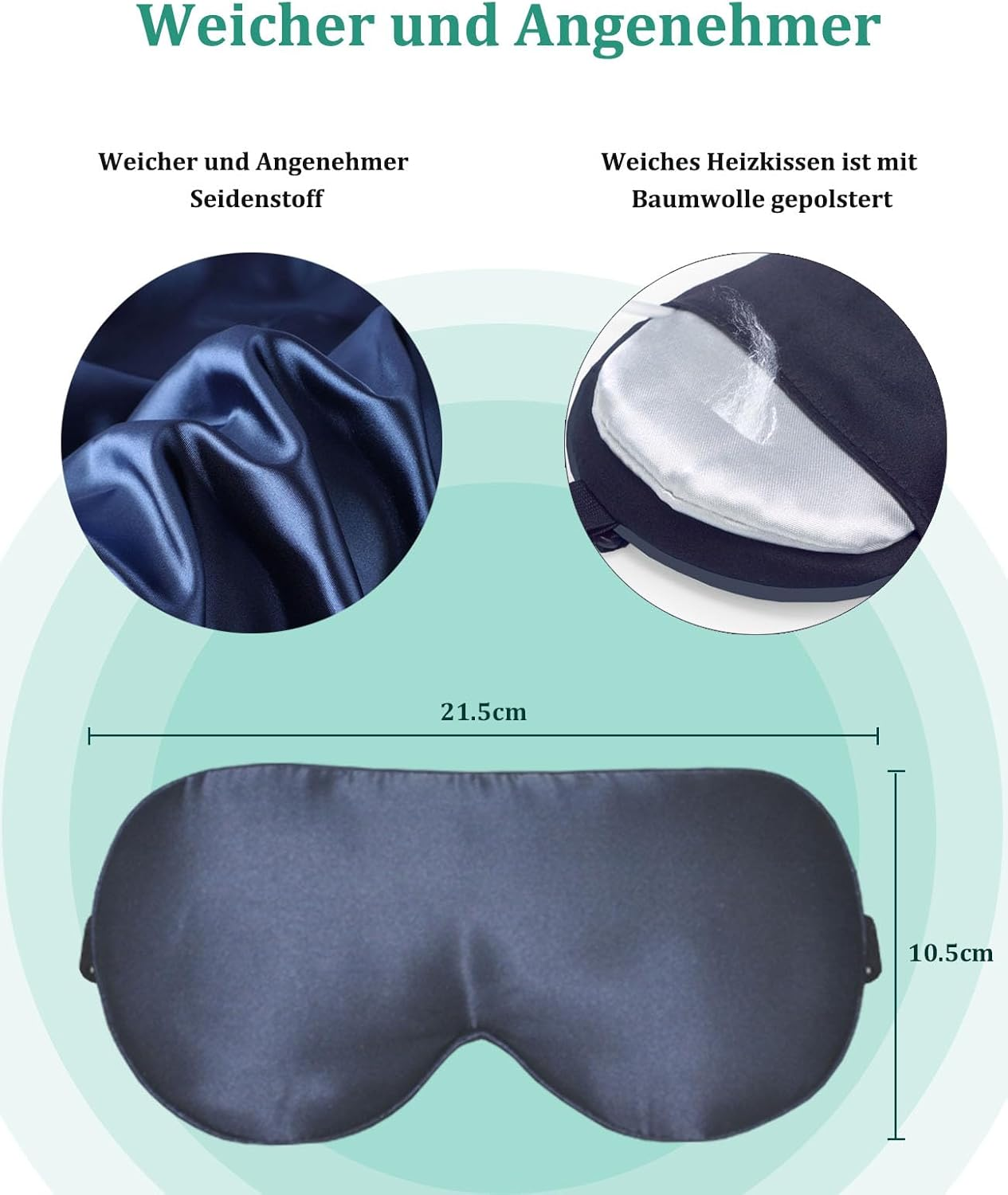 Eine dunkelblaue Schlafmaske mit Maßen und zwei eingebetteten Bildern von Stoff und Watte. Text auf Deutsch.