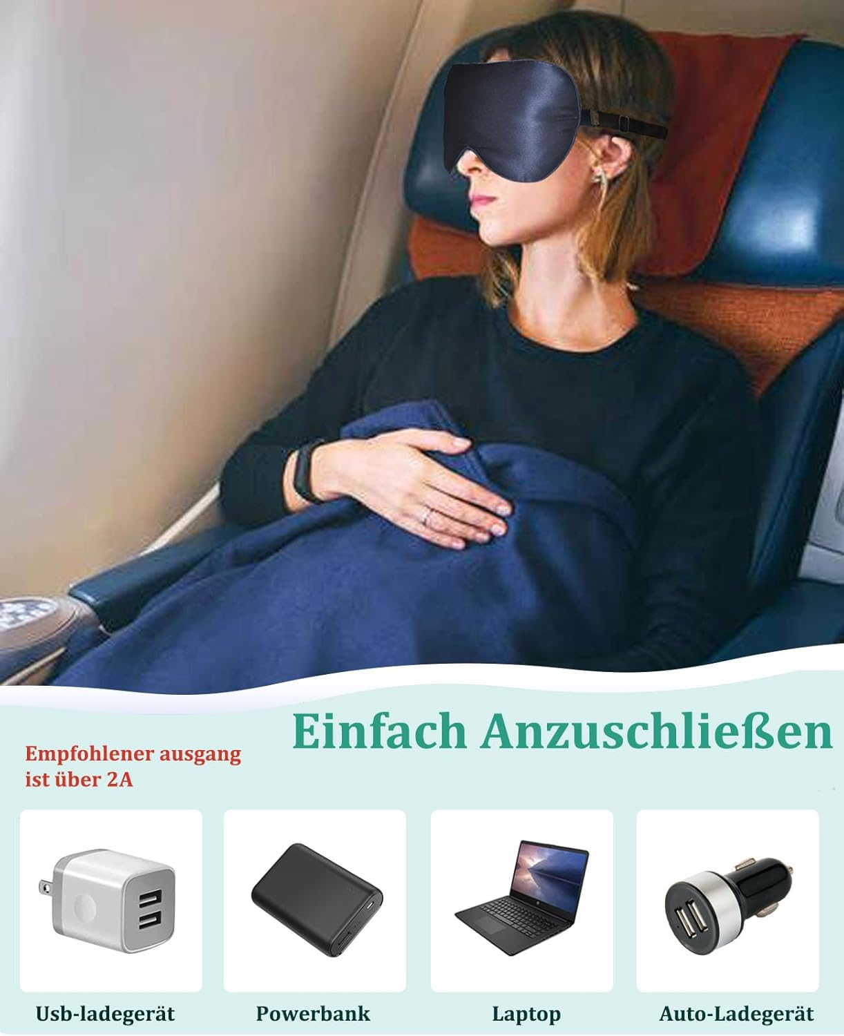 Eine Frau mit Schlafmaske im Flugzeug, darunter Ladesymbol. Text: 'Einfach anzuschließen'.