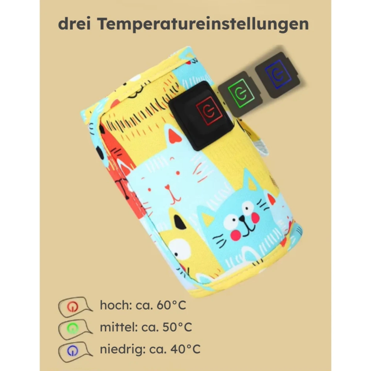 Ein Katzenmuster-Wärmer mit drei Temperatureinstellungen: hoch (rot), mittel (grün) und niedrig (blau). Temperaturen sind angegeben.