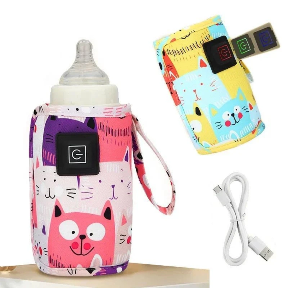 Ein Babyflaschenwärmer mit Katzenmuster. Enthält eine Flasche, zwei Wärmehüllen und ein USB-Kabel. Hüllen haben Power-Tasten.