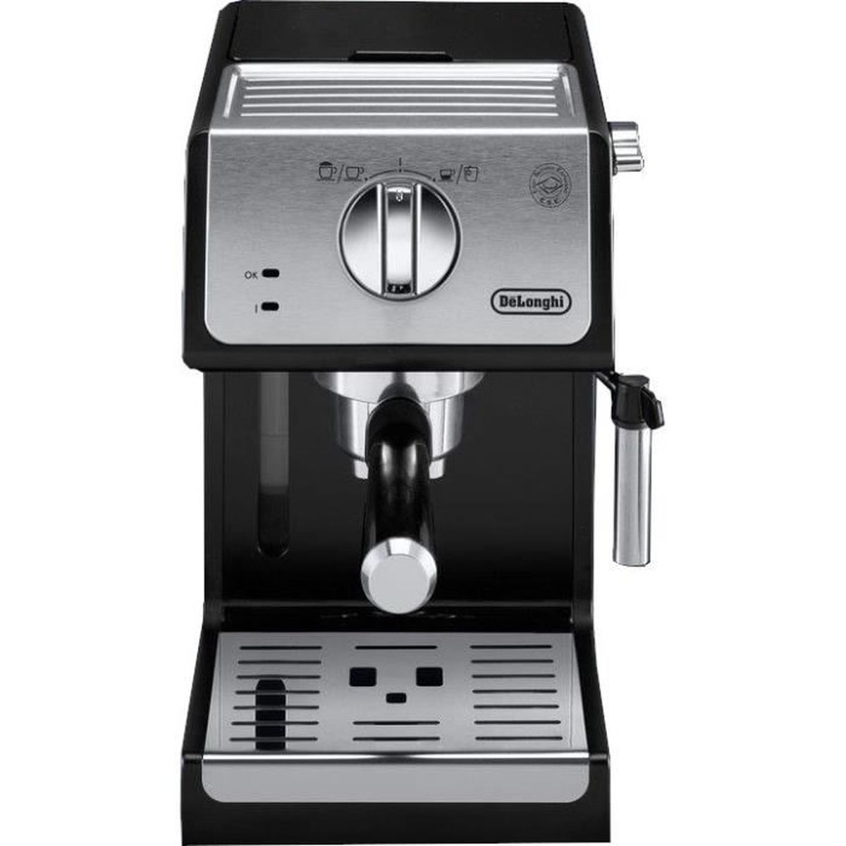 Een Delonghi espressomachine. Zwart en zilver, met een centrale draaiknop en een stoompijpje rechts.