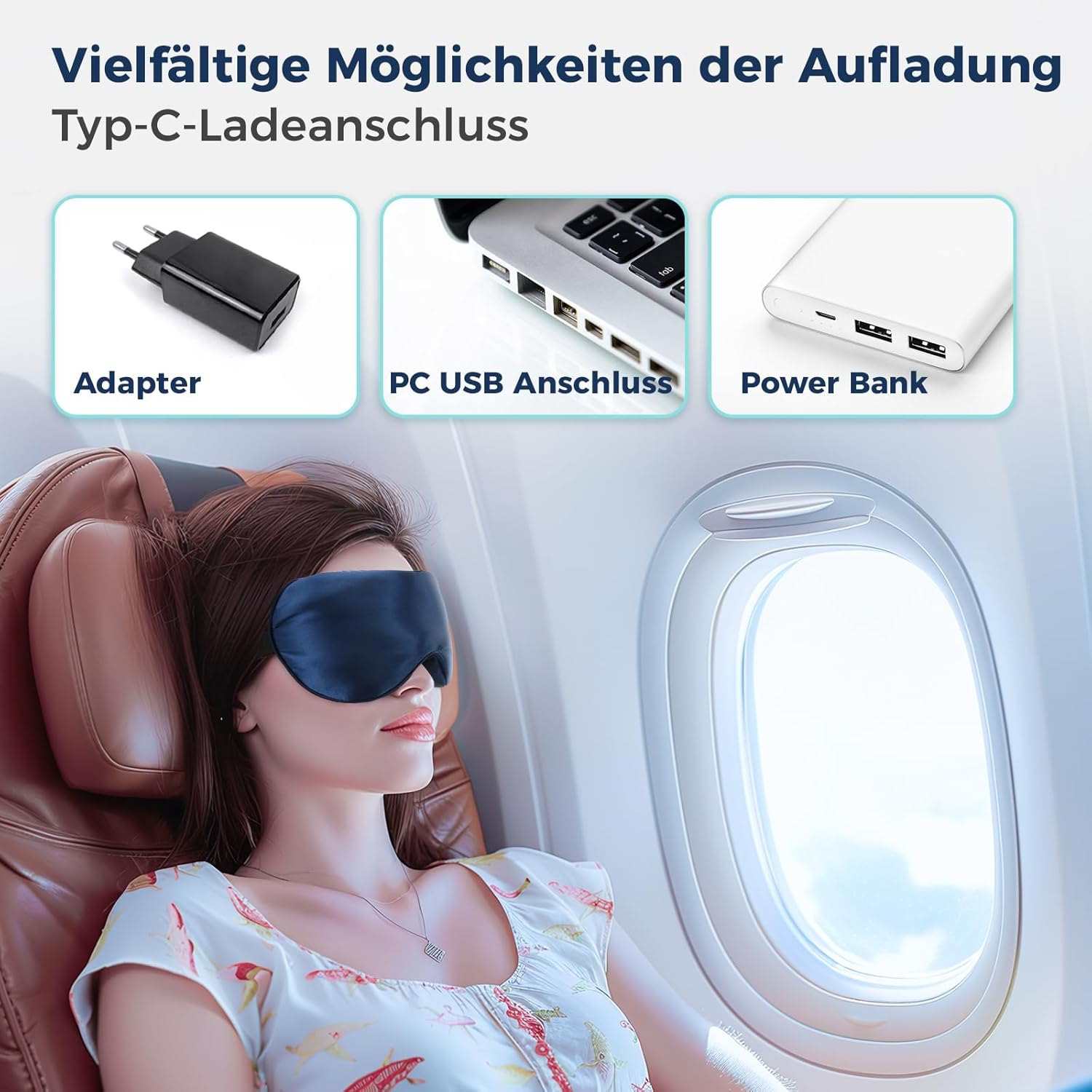 Frau mit Schlafmaske im Flugzeugsitz. Oben Bilder von Ladegerät, Laptop-Anschluss und Powerbank.