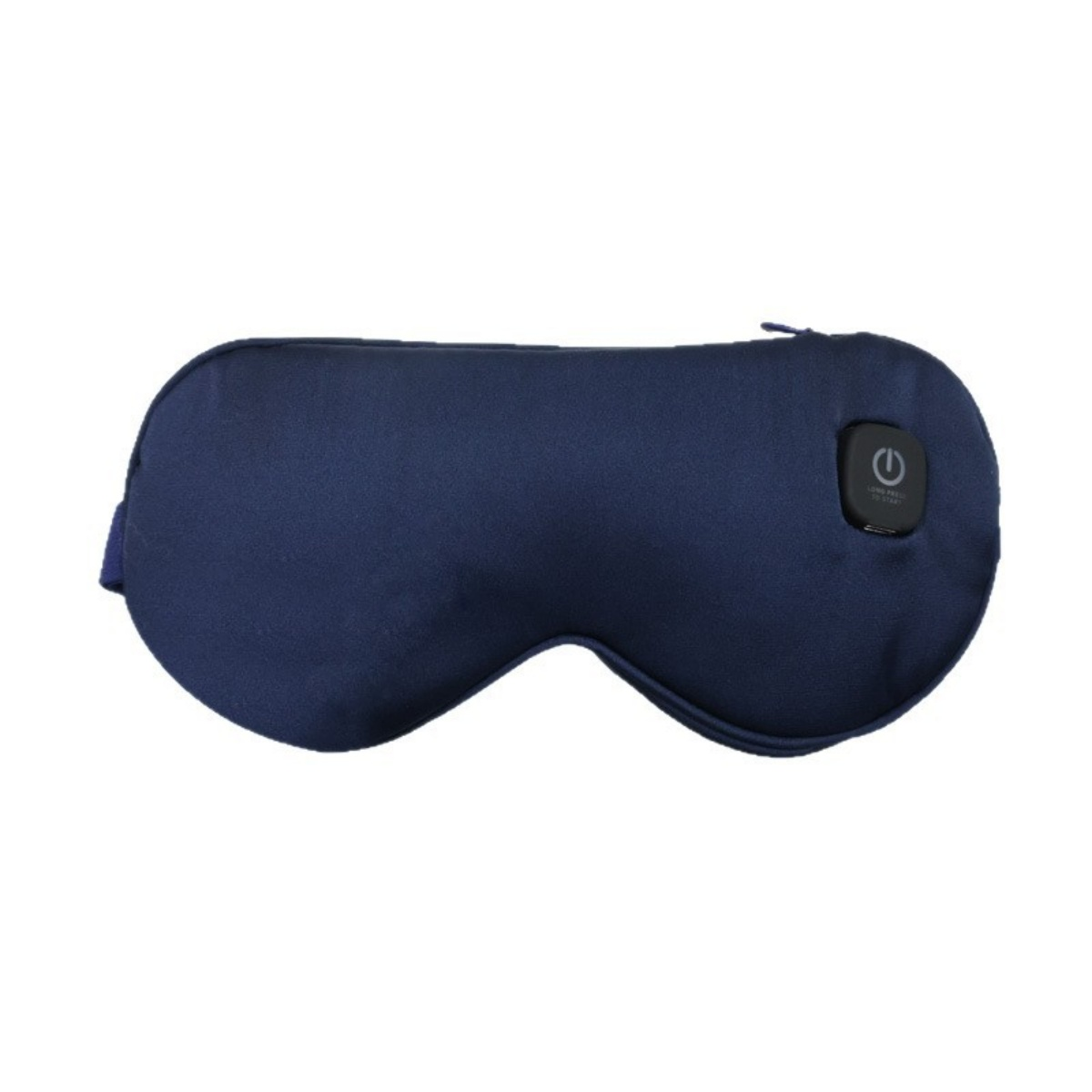 Eine marineblaue Augenmaske mit Ein-Aus-Taste, Reißverschluss und Riemen. Sie soll Licht zum Schlafen blockieren.