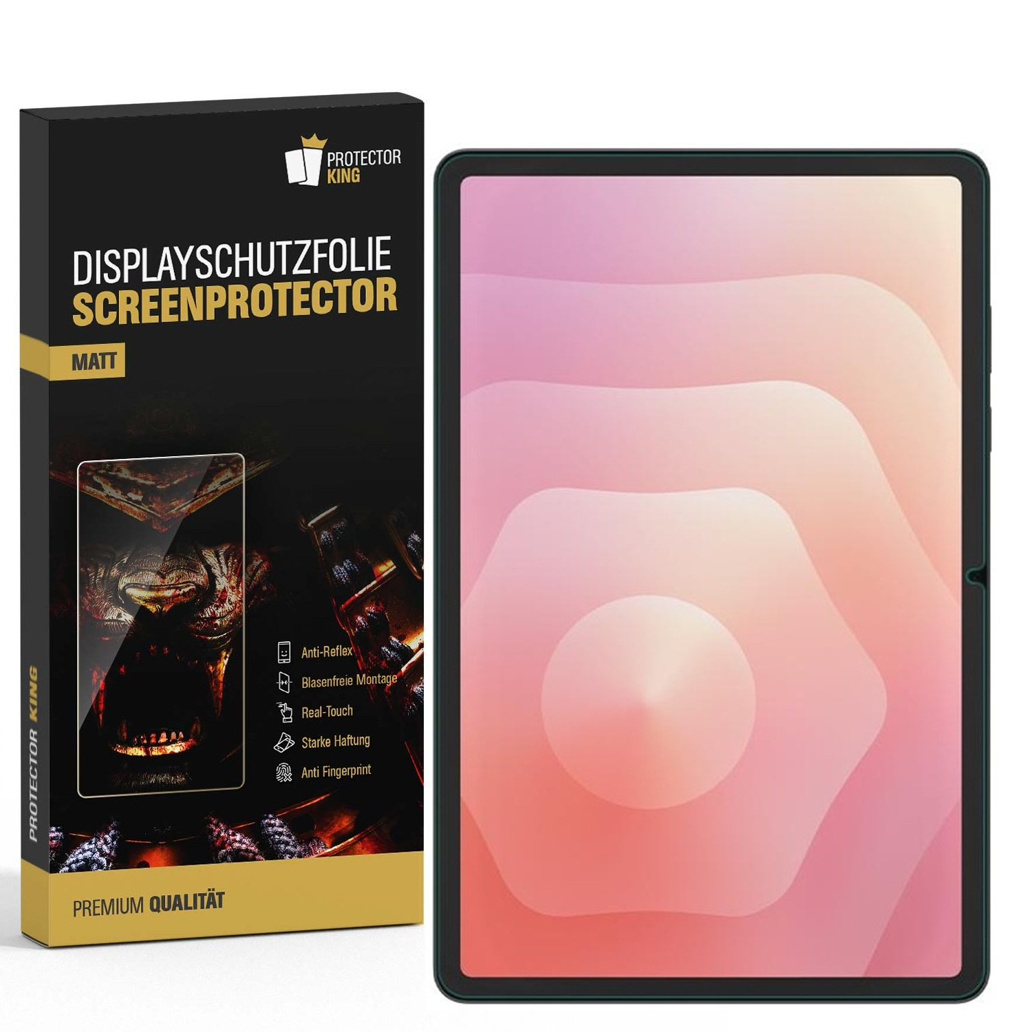 Eine Tabletschutzfolienbox und ein Tablet. Die Box hat deutschen Text, das Tablet einen rosa-weißen Farbverlauf.