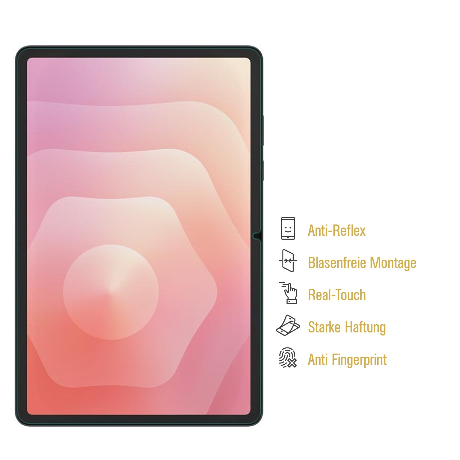 Tablet-Bildschirm mit rosa und weißem Farbverlauf. Zu den Merkmalen gehören Entspiegelung, blasenfreie Installation, Real-Touch, starker Halt und Anti-Fingerabdruck.