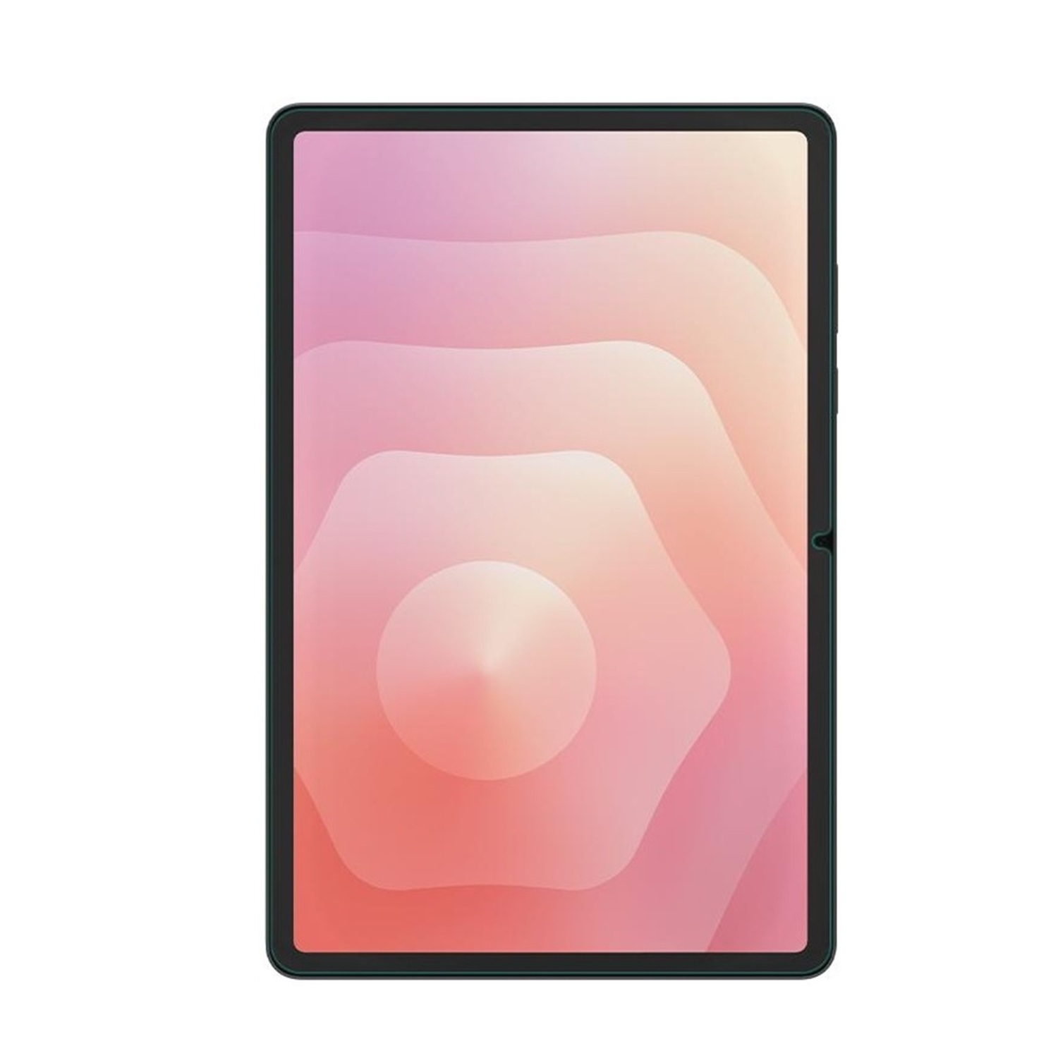 Ein Tablet mit schwarzem Rahmen und einem Bildschirm, der ein abstraktes Design in Rosa und Orange zeigt.