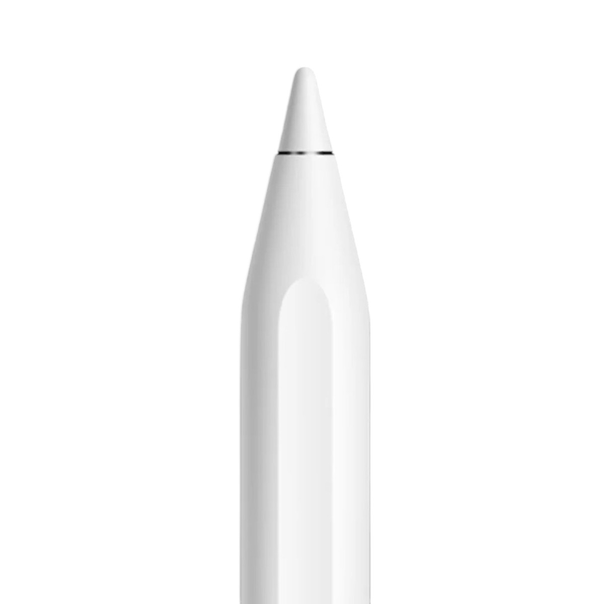 Nahaufnahme der Spitze eines weißen Apple Pencil, die sich zu einer Spitze verjüngt. Ein dünnes, silbernes Band ist sichtbar.