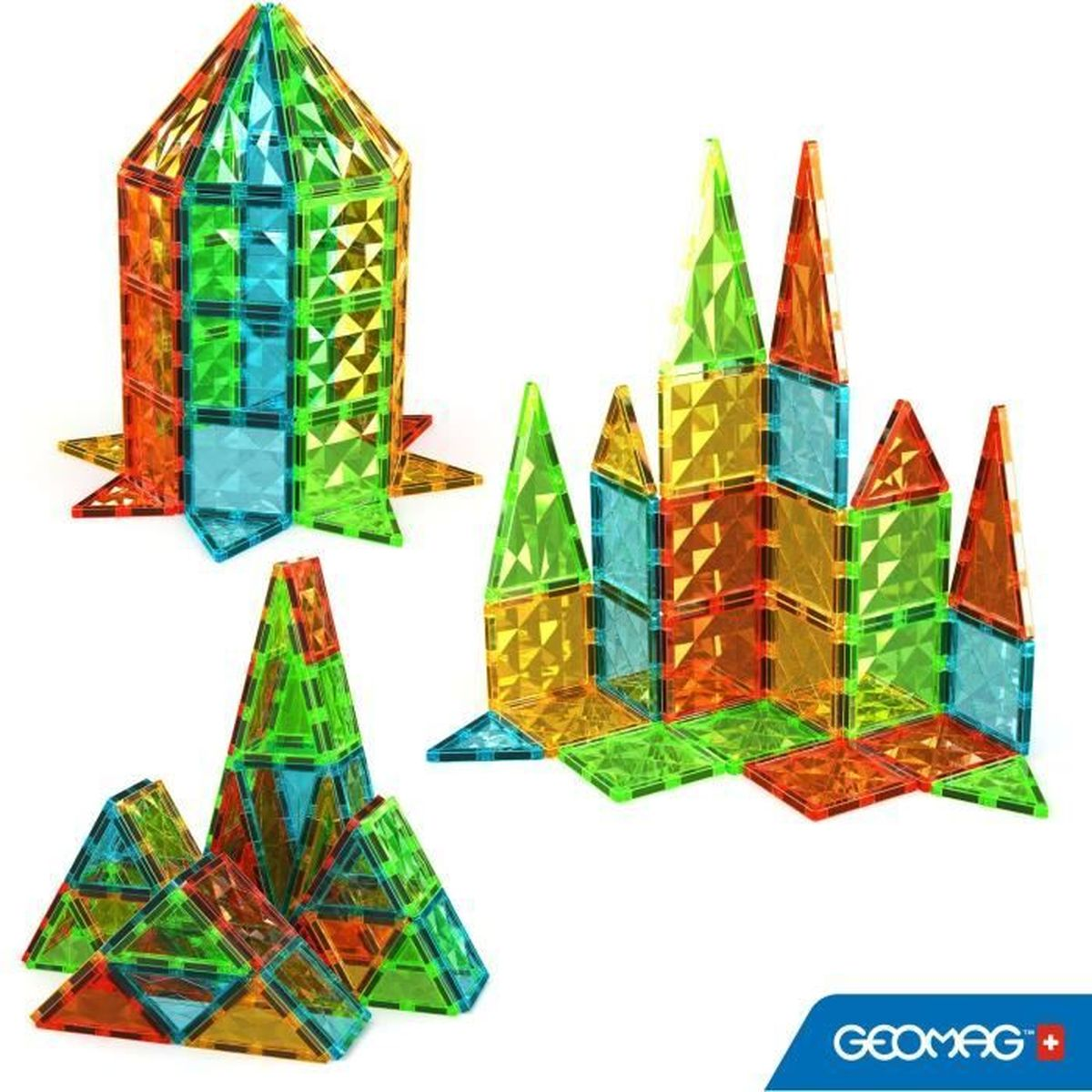 Bunte geometrische Formen aus transparentem Kunststoff. Es gibt Strukturen, die an Türme und Pyramiden erinnern.