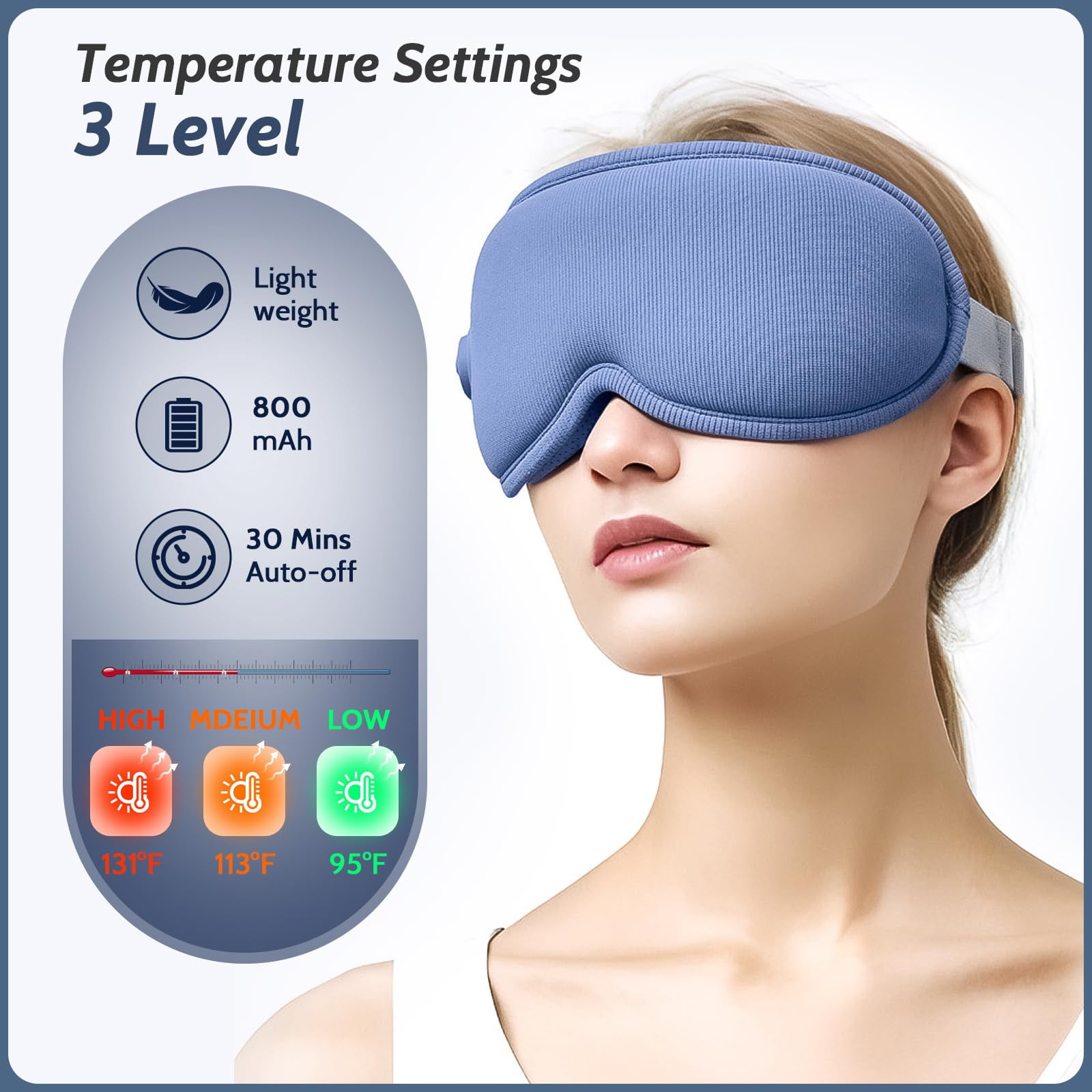 Eine Frau mit blauer Augenmaske. Text zeigt Temperatureinstellungen mit drei Stufen und Temperaturdetails.