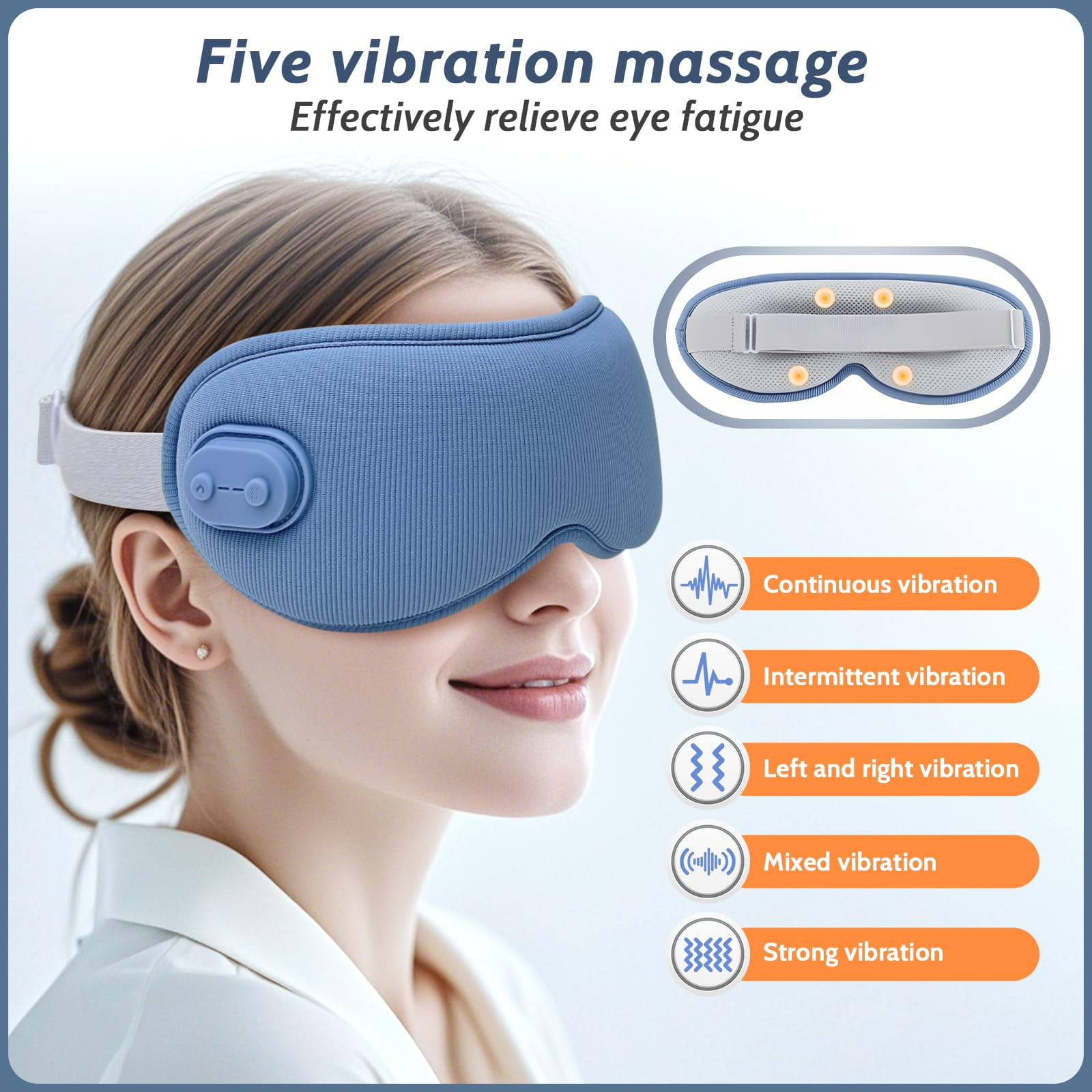 Eine Frau trägt eine blaue Augenmassage-Maske. Das Bild zeigt die Maske und verschiedene Vibrationsmodi.