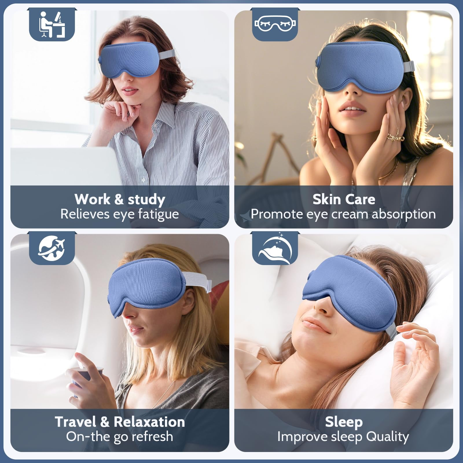 Das Bild zeigt Personen, die blaue Augenmasken für Arbeit, Hautpflege, Reisen und Schlaf verwenden, mit beschreibendem Text.