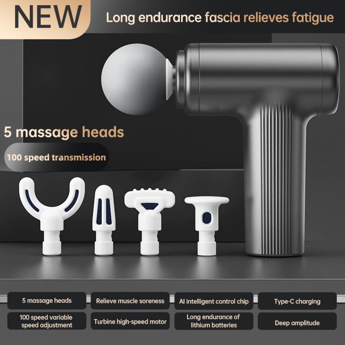 Das Bild zeigt eine Massagepistole mit 5 Aufsätzen. Text hebt Funktionen hervor: Geschwindigkeitsanpassung, Schmerzlinderung und lange Akkulaufzeit.