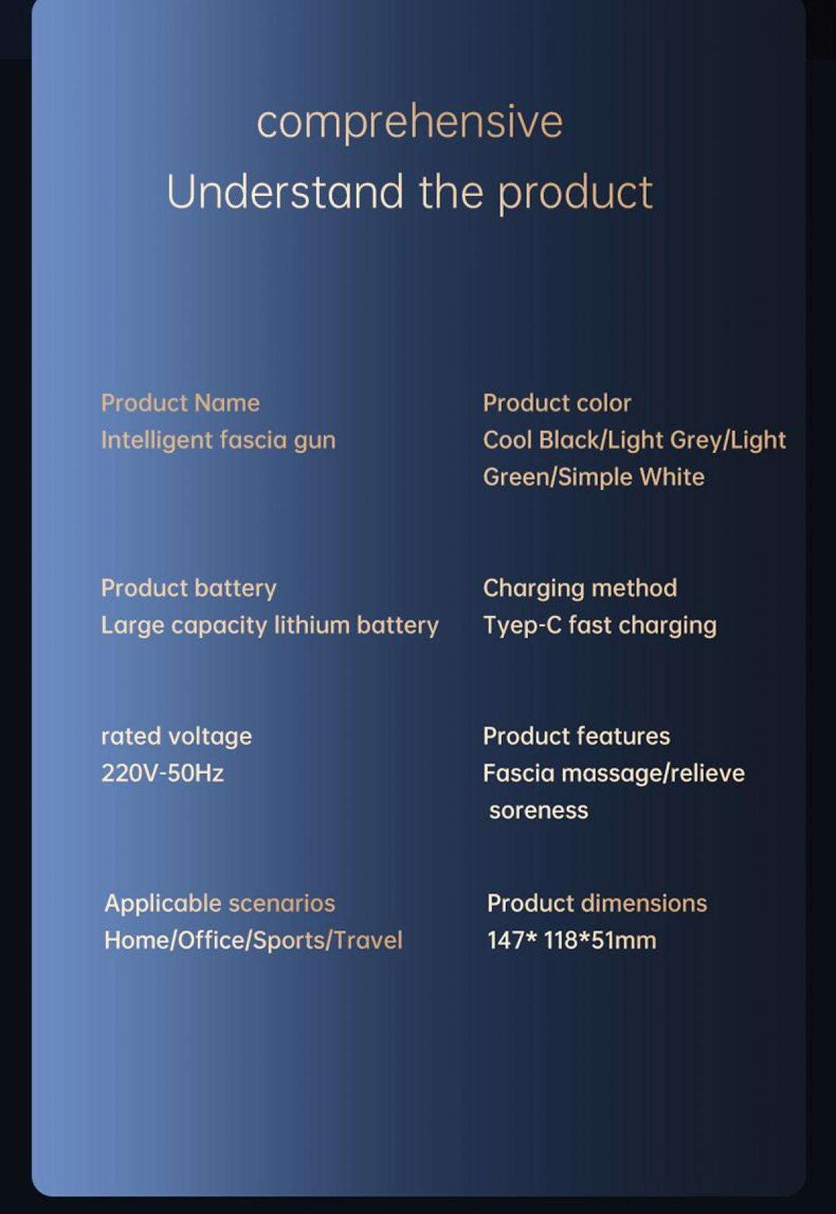Das Bild zeigt eine Produktbeschreibung. Enthält Produktname, Farbe, Akku, Lademethode, Eigenschaften und Abmessungen.