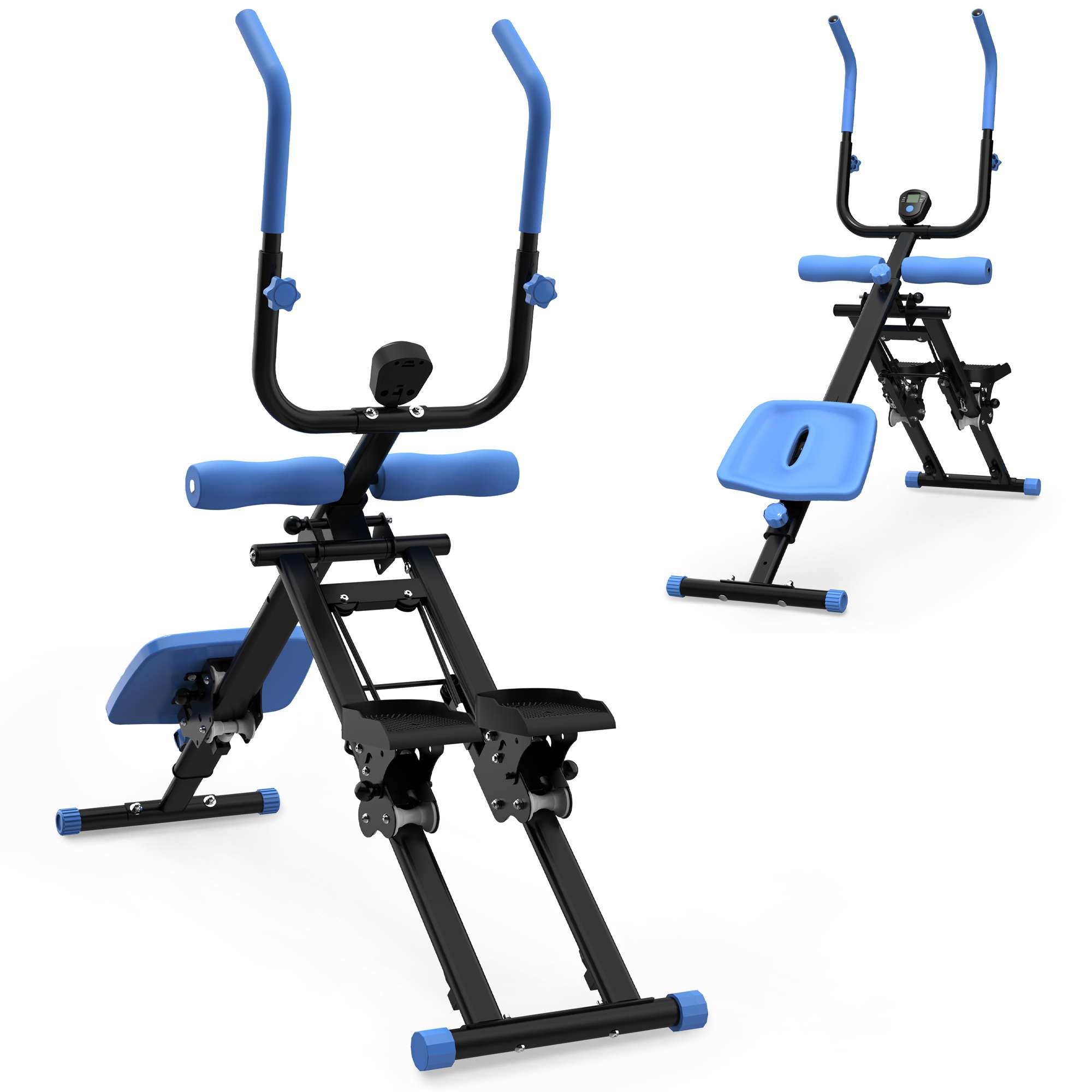 Eine Trainingsmaschine mit schwarzem Rahmen und blauen Polstern. Sie hat einen Sitz, Griffe und Fußstützen, vor weißem Hintergrund.
